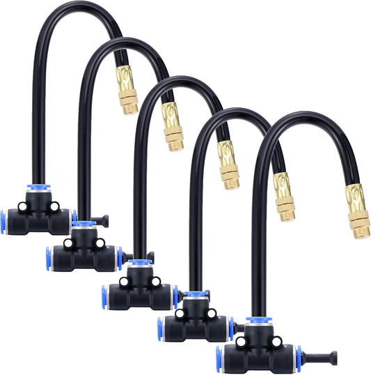 Mornajina 5Packs Brass Misting Nozzles Tee with 8inch Built in Hose for Outdoor Cooling System, Adjustable 360° Rotation, Water Mister Nozzles Thread Sprayer 0.043" (1.1 mm)