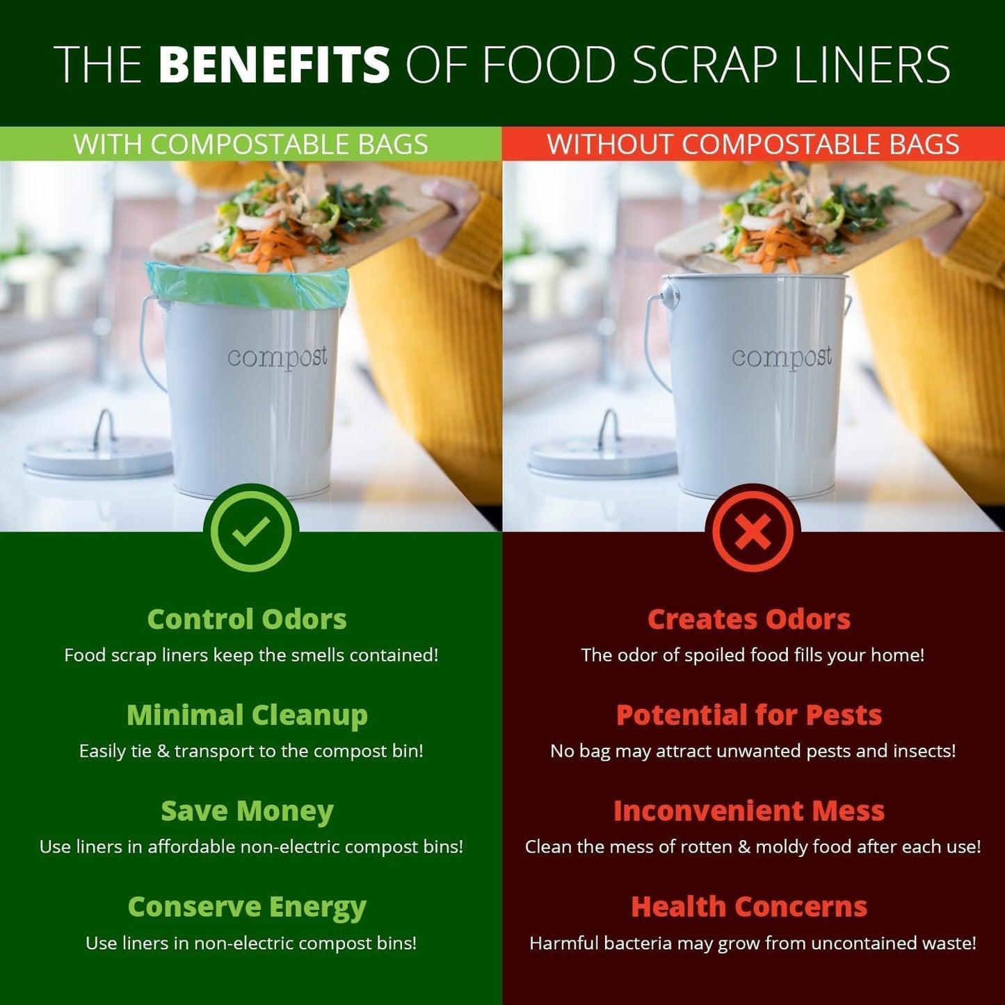 1.6 Gallon Compostable Trash Bags Handle, Heavy Duty Thick 0.6 Mil, 6.06 Liter, 50 Bags, Small Kitchen Food Scrap Waste Bag, ASTM D6400, US BPI and OK Compost Home Certified