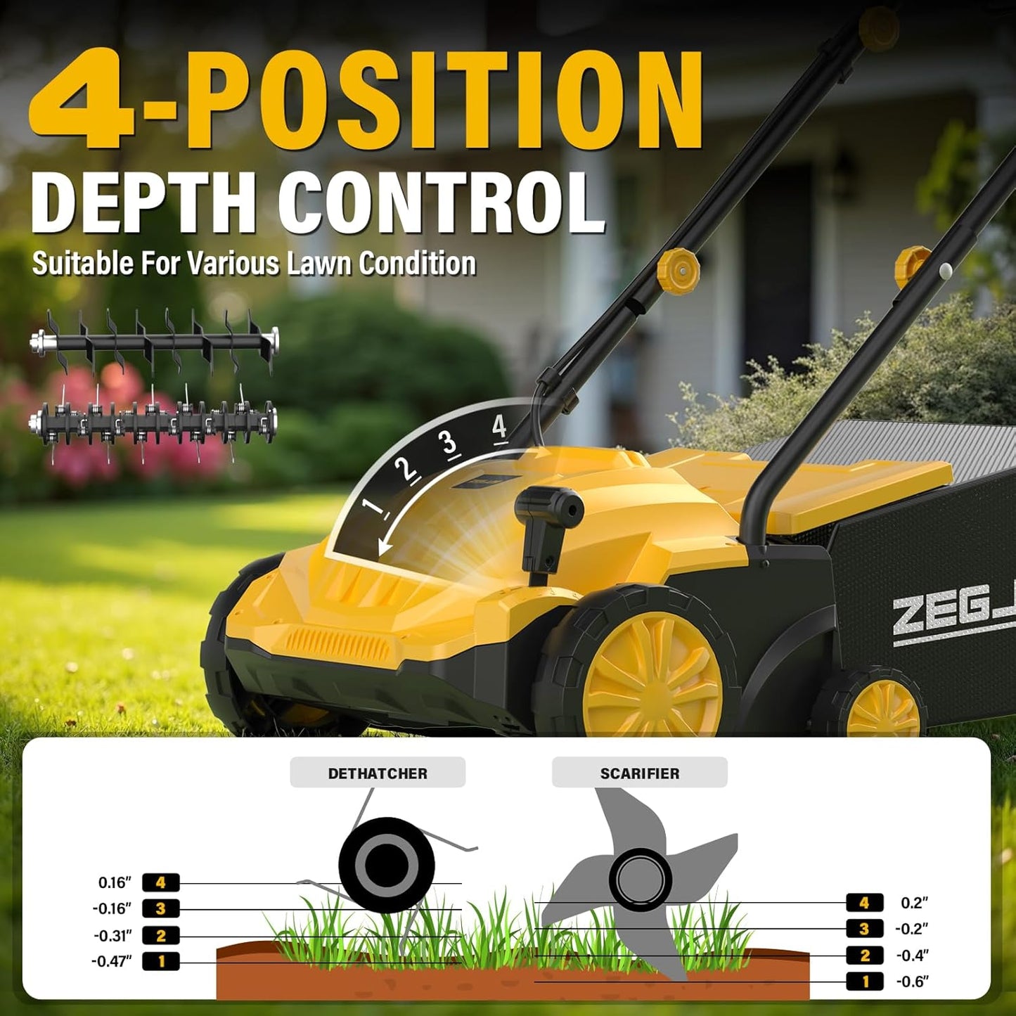Electric Dethatcher and Scarifier 2-in-1, 13-inch 12Amp Lawn Dethatcher, 4-Position Depth Adjustment with 30L Collection Bag, Quick-Fold, Keeps Lawn Health for Garden & Yard