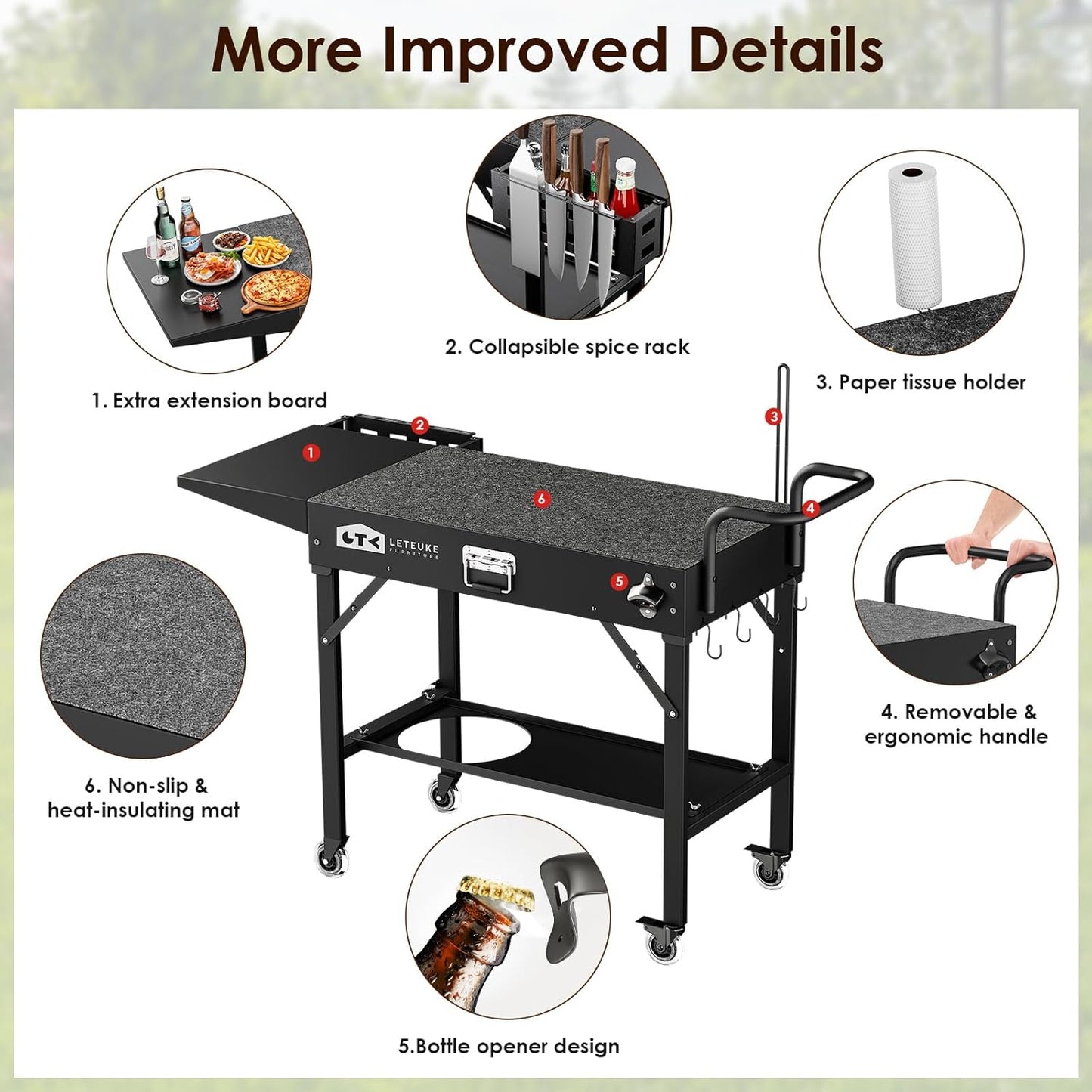 Leteuke Grill Cart for Blackstone Griddle, Portable Outdoor Grill Table, Foldable Cart Table with Wheels for Ninja, Griddle Stand Fit 17 Inch Or 22 Inch, BBQ Prep Tables with Seasoning Tray