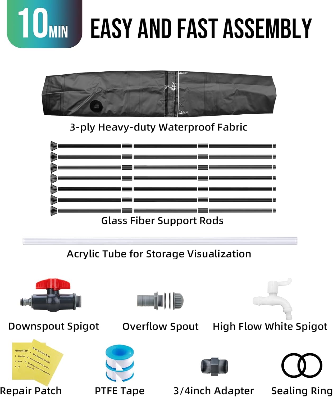 Collapsible Rain Barrel Water Collection System - 100 Gallon Portable Water Storage Tank,Foldable Rainwater Collect System Downspout, Water Catcher Container with Filter, Spigots＆Overflow Kit,Black