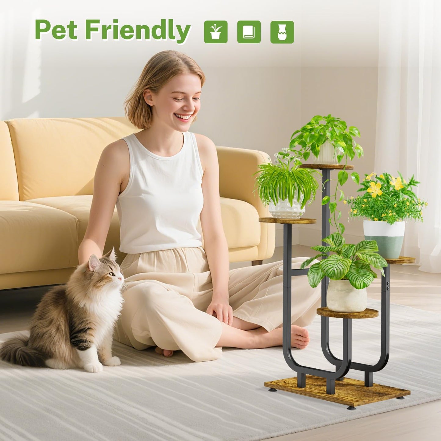 iDavosic.ly 4 Tier Plant Stand Indoor, Corner Tiered Multiple Flower Holder Shelf with Wooden Trays, Orchid Display Metal Rack for Patio Porch Living Room Balcony Outdoor, Modern Black & Rustic Brown