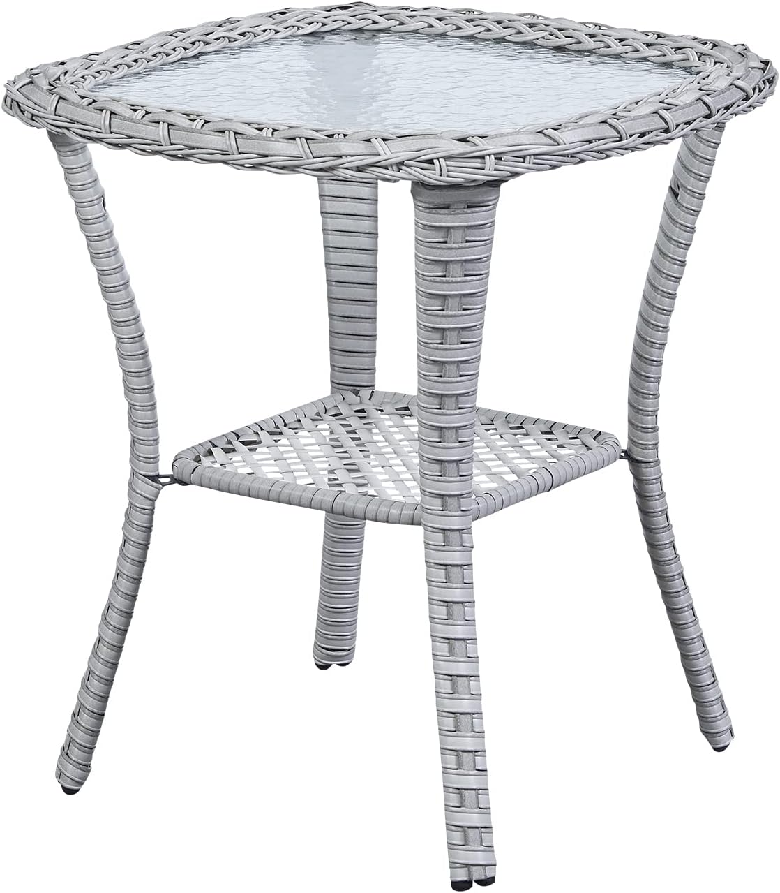 Patio Tables Wicker Side Table - Rattan Coffee Table with Glass Top End Tables for Outdoor Outside Patio Porch Square Light Grey