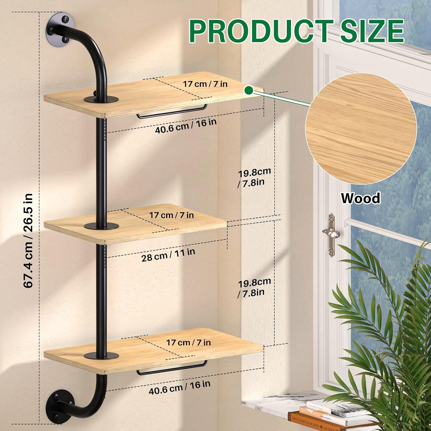 DELLAN Window Plant Shelves, Rotating Plant Shelf for Window, Wall Mounted Indoor Hanging Plants Shelf (3 Tier)