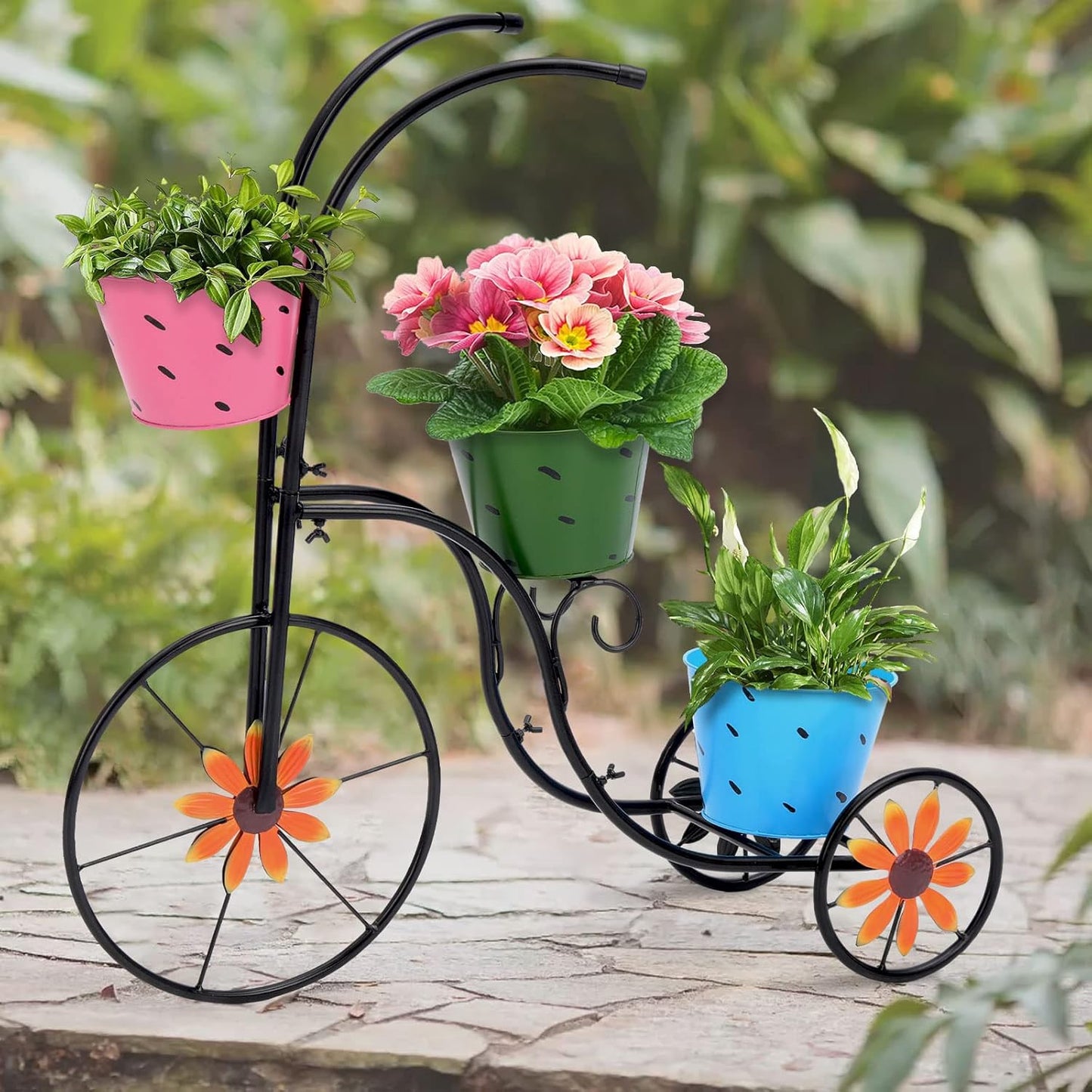 LEWIS&WAYNE Metal Tricycle Planter, 3 Tier Floral Flower Plant Stand Holder Hand Painted Outdoor Garden Patio Decor