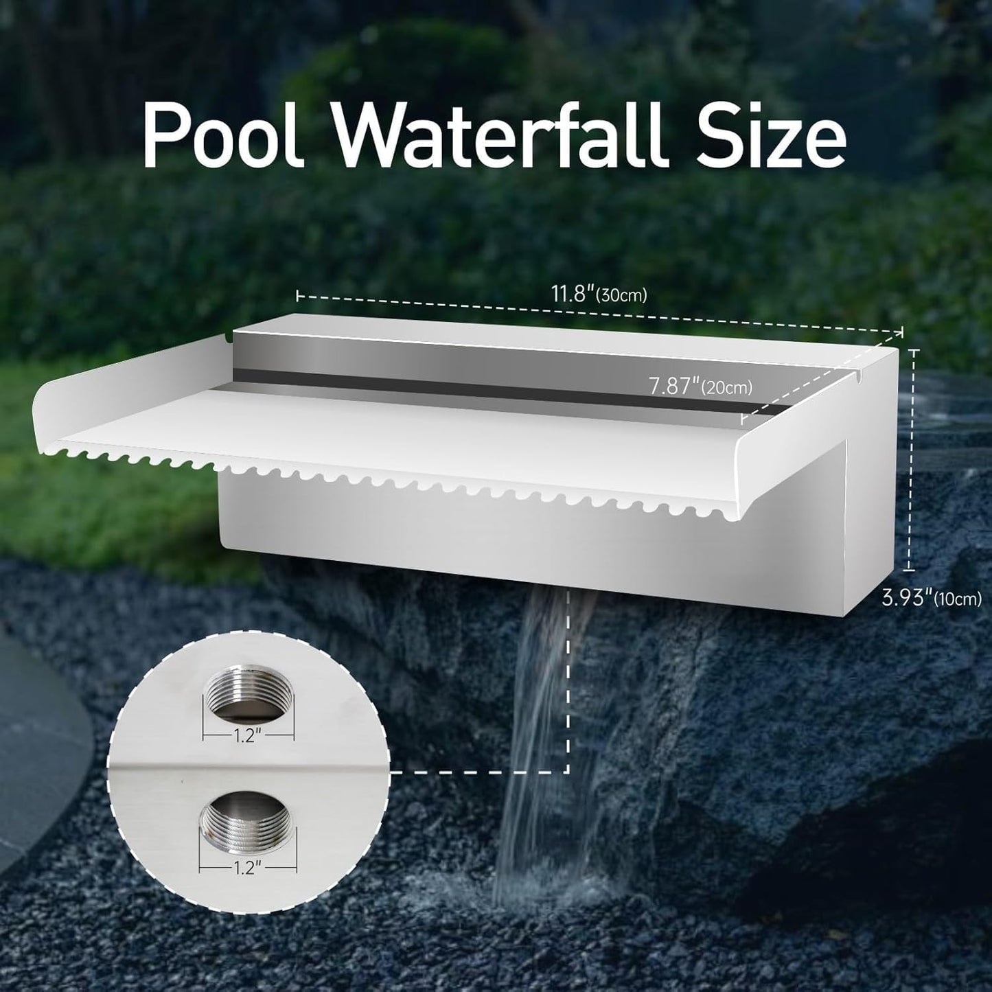 Pool Fountain Stainless Steel Pond Waterfall Spillway Kits for Indoor/Outdoor Decorative, 24 Inches Pool Water Feature for Garden Patio, Backyard Koi Pond Decor(No LED Light)