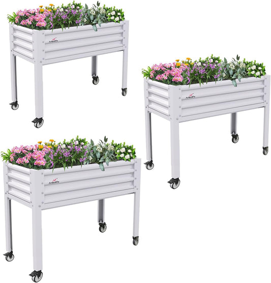 A ANLEOLIFE 3-Set Galvanized Raised Garden Bed with Legs,48x24x35in Large Elevated Planter Box on Wheels with Drainage Holes for Backyard, Balcony, Patio, 600lb Capacity, Antique White