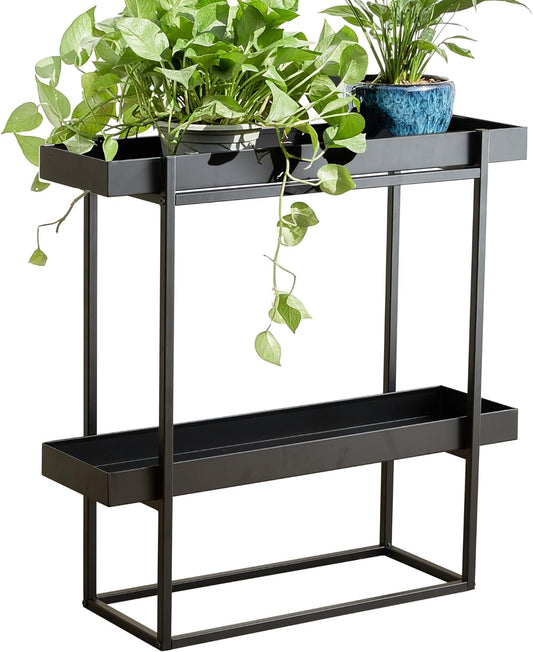 2 Tier Plant Stand Indoor Outdoor - 29 x 9 x 28 Inches Plant Shelf for Home and Office Decor - Narrow Plant Stand for Lawn, Patio, Balcony and Living Room - Heavy Duty Iron - Black