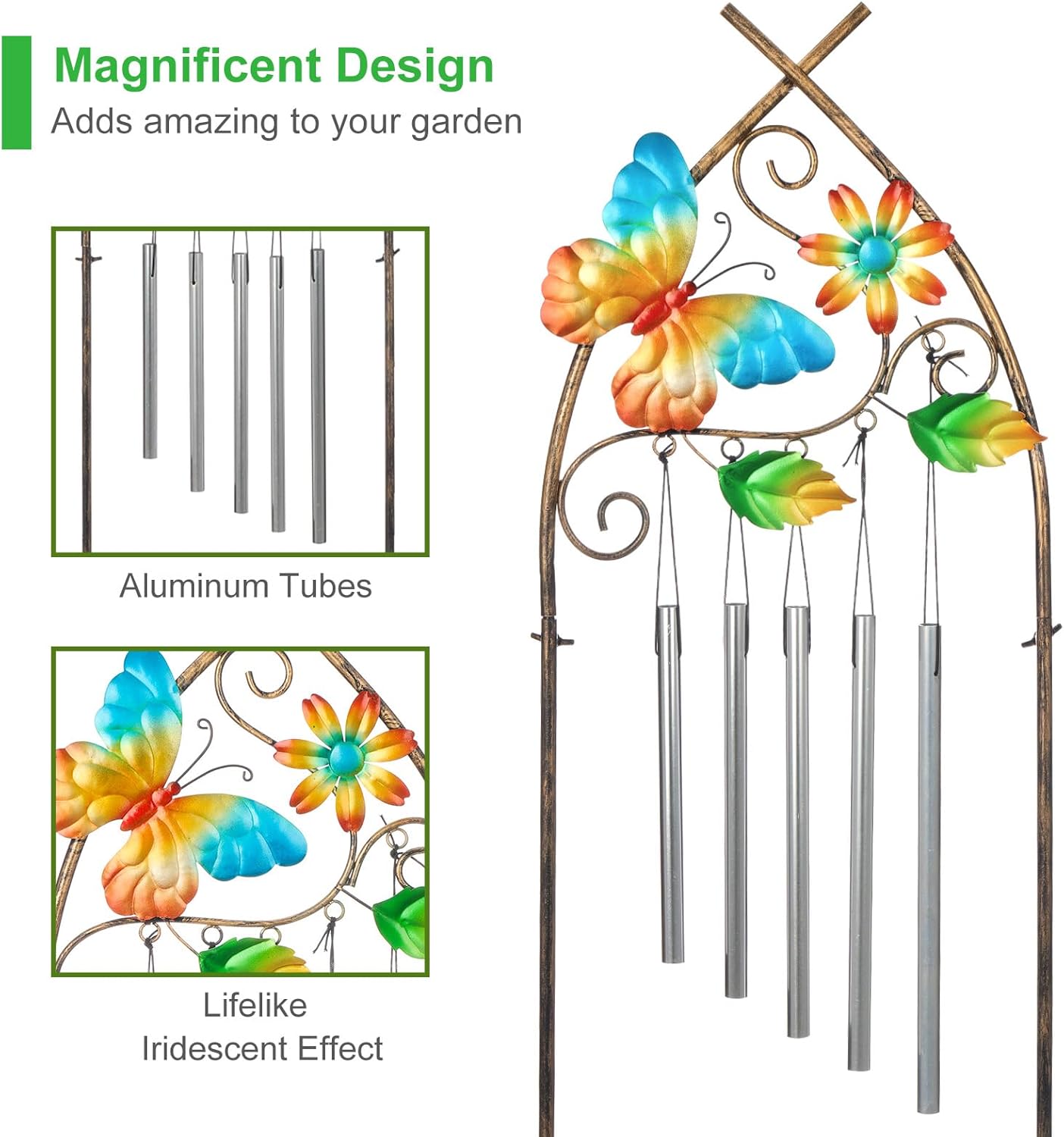 Plant Stands with Garden Trellis, 48” Metal Standing Wind Chimes Plant Pot Trellis with Butterfly for Garden Patio Backyard Climbing Plants Outdoor Decor