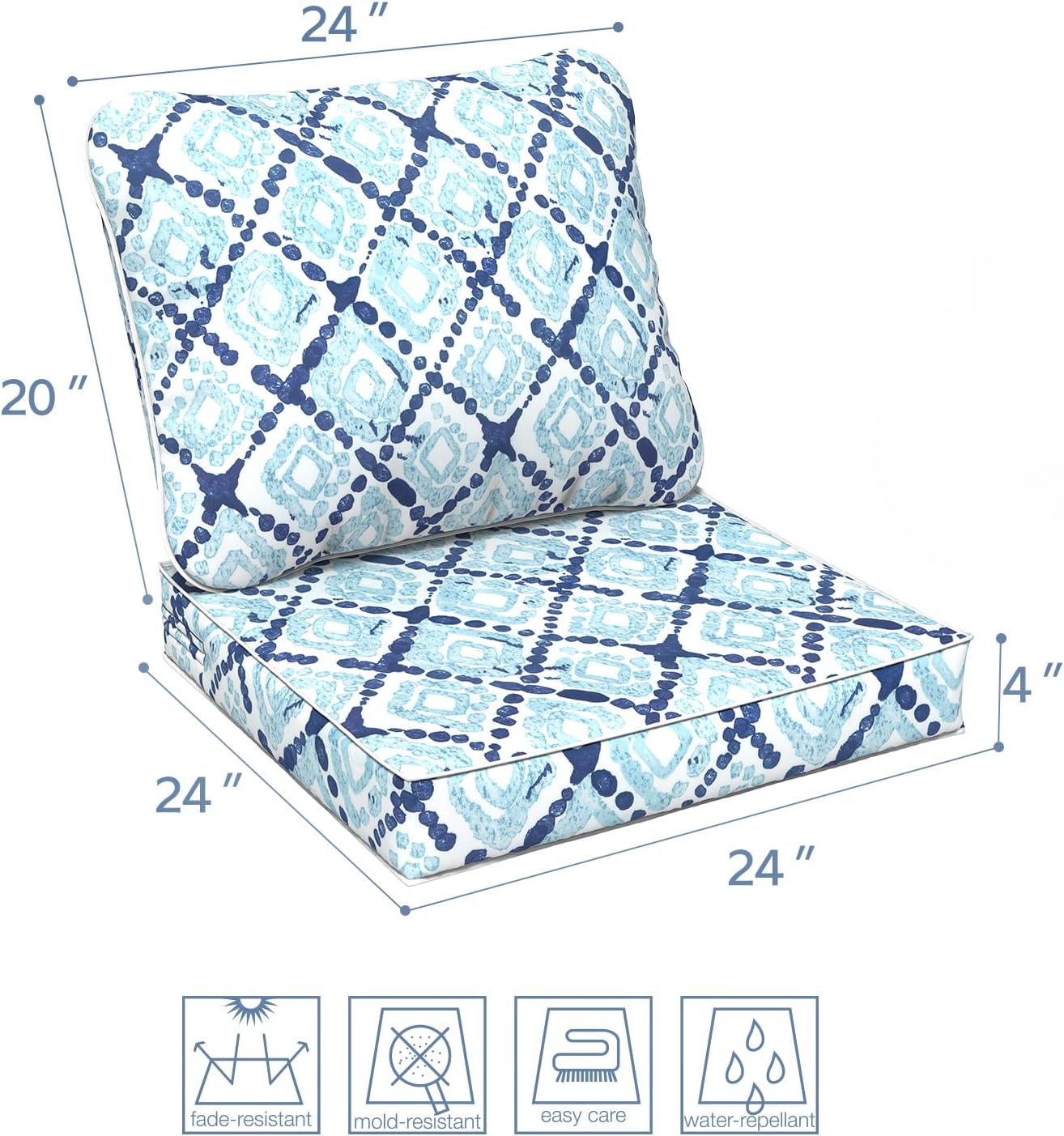 LVTXIII Outdoor Deep Seat Cushion Patio Seat and Back Cushion Set Seasonal Chair Cushion with Removable Cover and Adjustable Buckle for Home and Garden, 24"x24"x4", Boho Geometry Blue