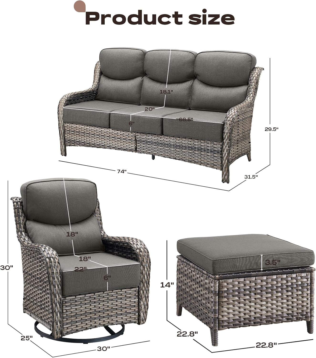 Wicker Outdoor Patio Furniture Set - 7 Piece Patio Conversation Sets with Swivel Rocker Chairs, Ottomans and Sofa, 6 inch Cushions, Waterproof Wicker, for Porch Deck Mixed Grey/Grey