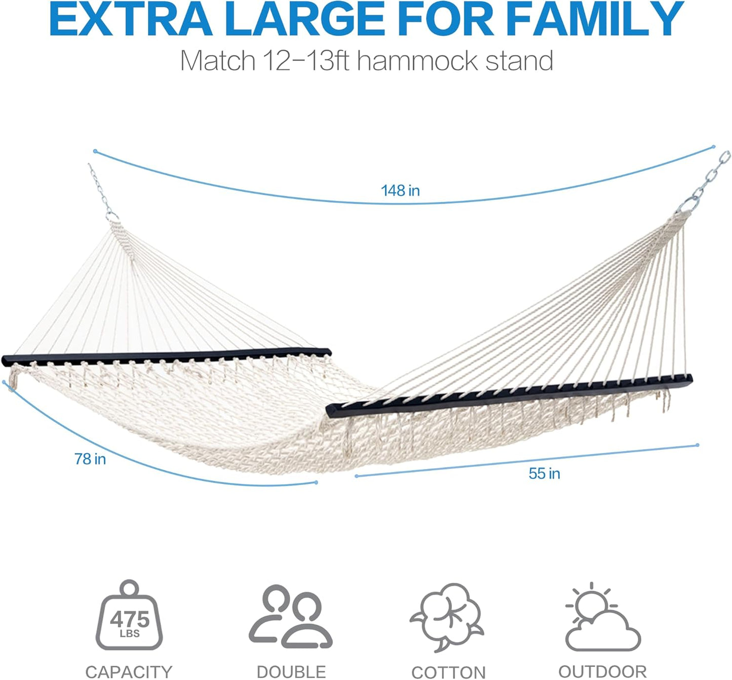 PNAEUT Double Hammocks for Outside, 13ft Traditional Rope Hammock for 2 Person with Hardwood Spreader Bar and Carrying Bag, 475 lbs Capacity (Beige)