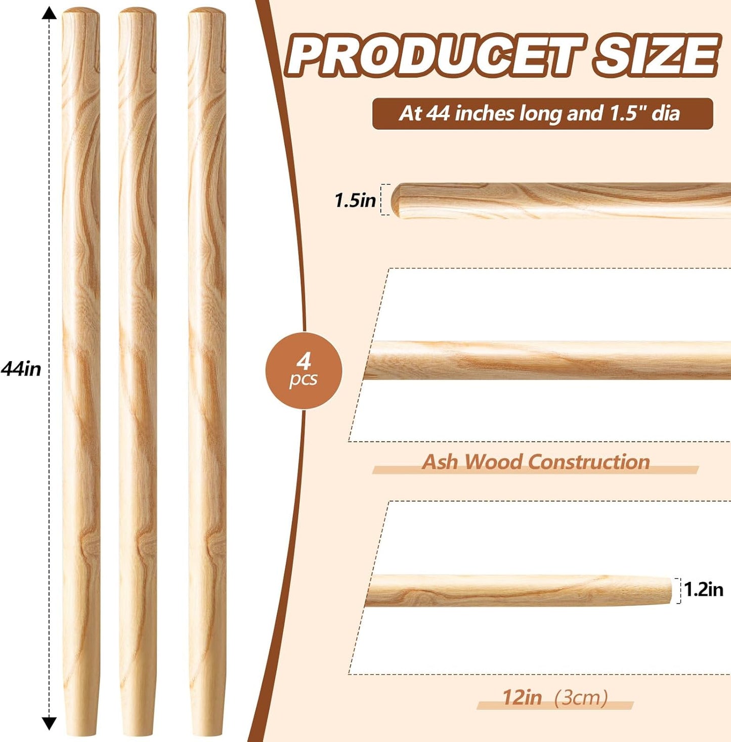 4 Pcs Wooden Shovel Handle Ash Replacement Handle for Long D Handle Shovels Replacement Tool Handle