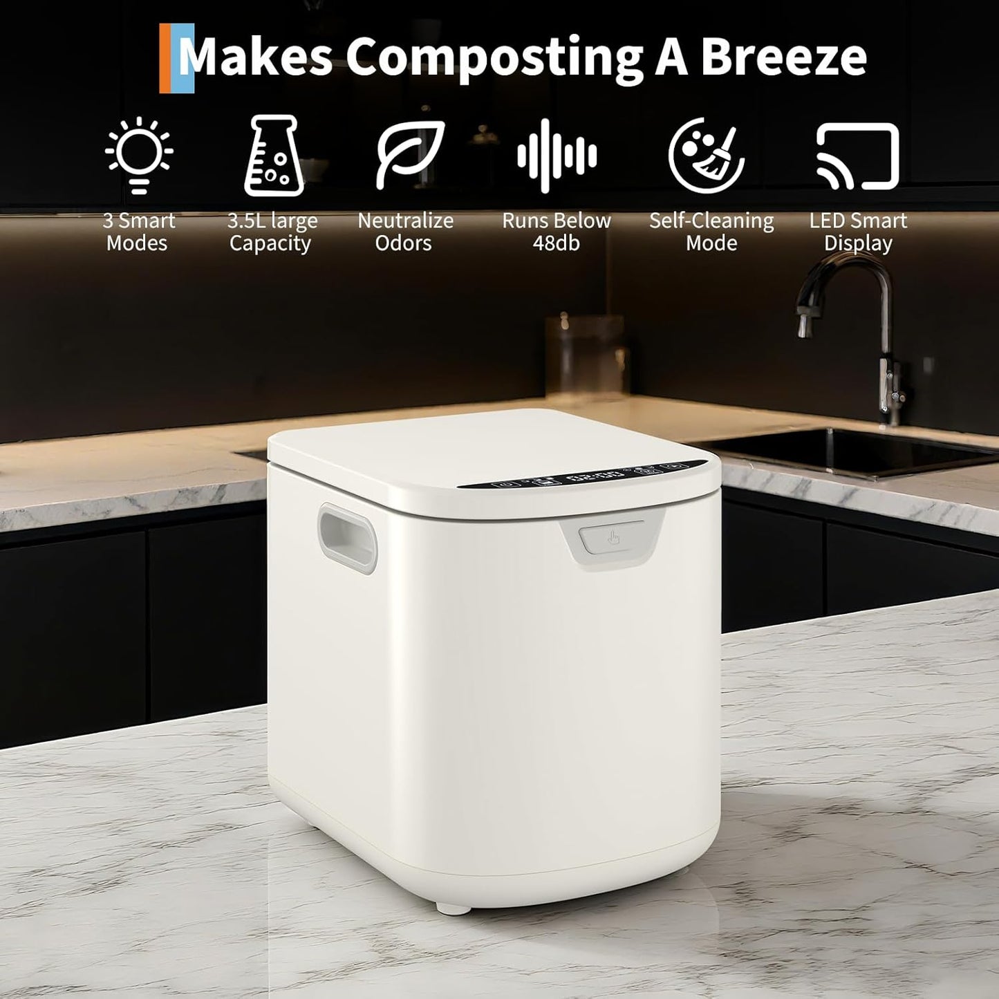 3.5L Electric Kitchen Composter Smart Odorless Compost Bin Auto-Cleaning,Countertop Food Waste Composting Machine -Fast 4-6H Food Waste to Fertilizer Conversion for Outdoor Use (White