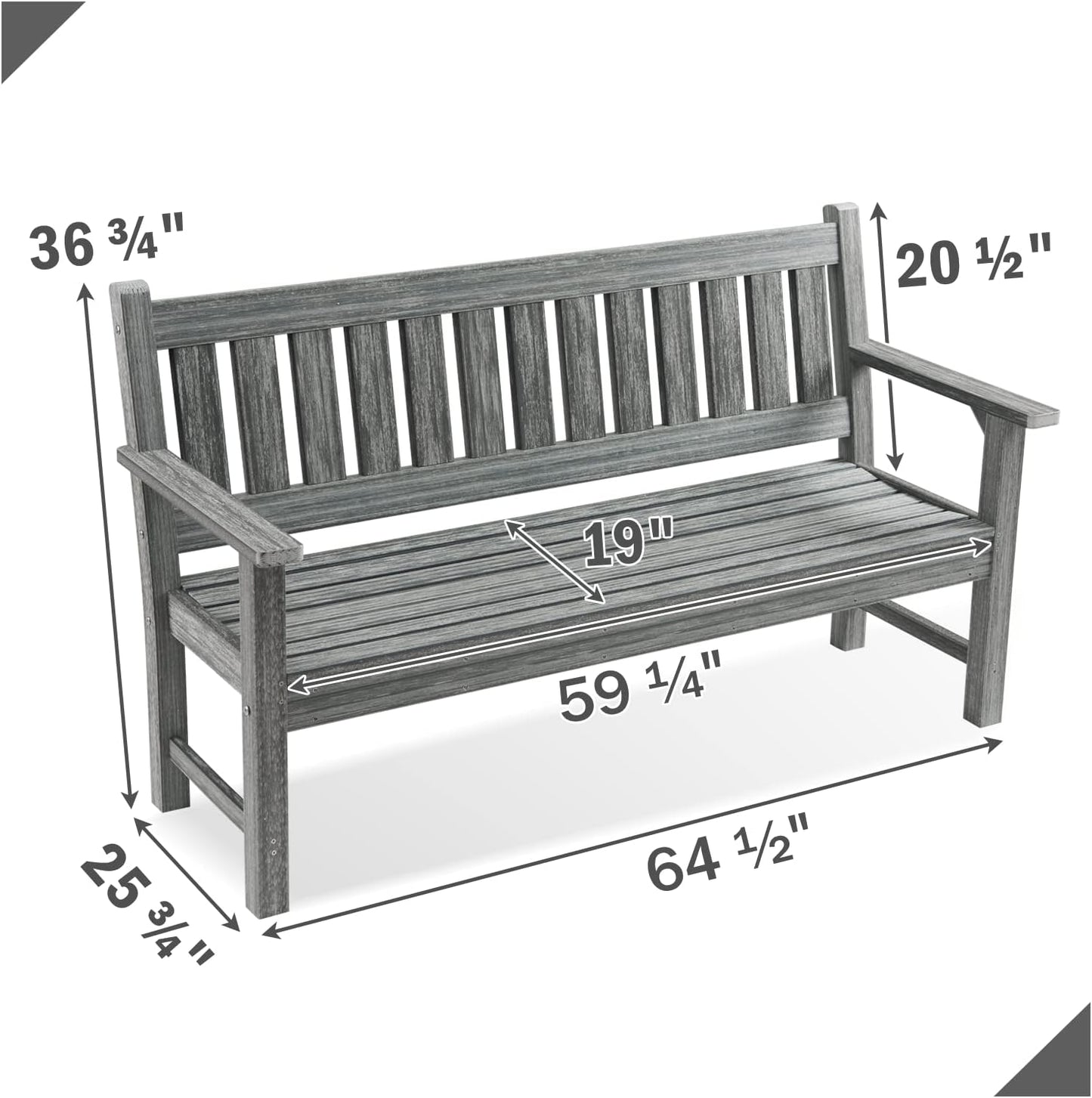 Outdoor Bench, 3-Person Garden Bench, Poly Lumber Patio Bench for Outdoors, Porch, and Park (Grey)