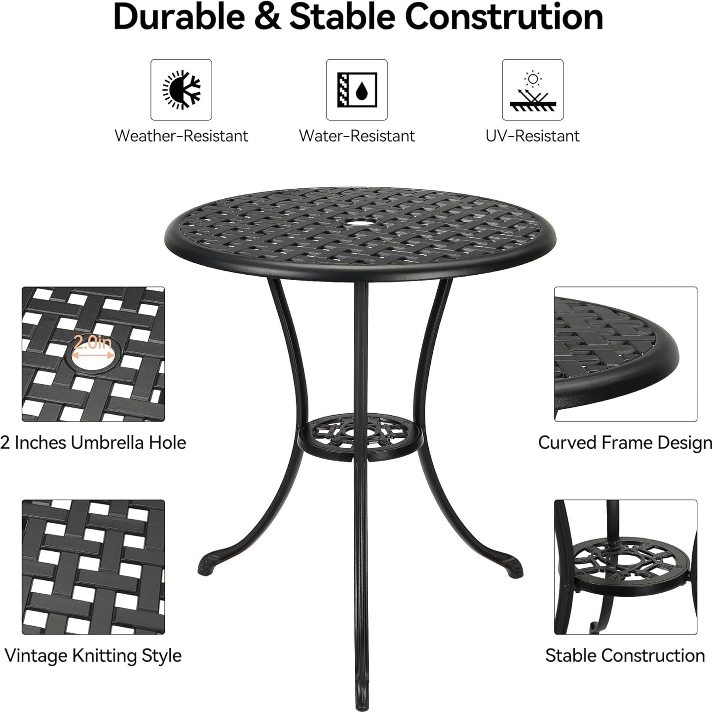 24" Outdoor Round Patio Bistro Table, Cast Aluminum Outdoor Cafe Table with 2 inch Umbrella Hole for Porch,Backyard,Garden, (Classic Square Pattern, Black)
