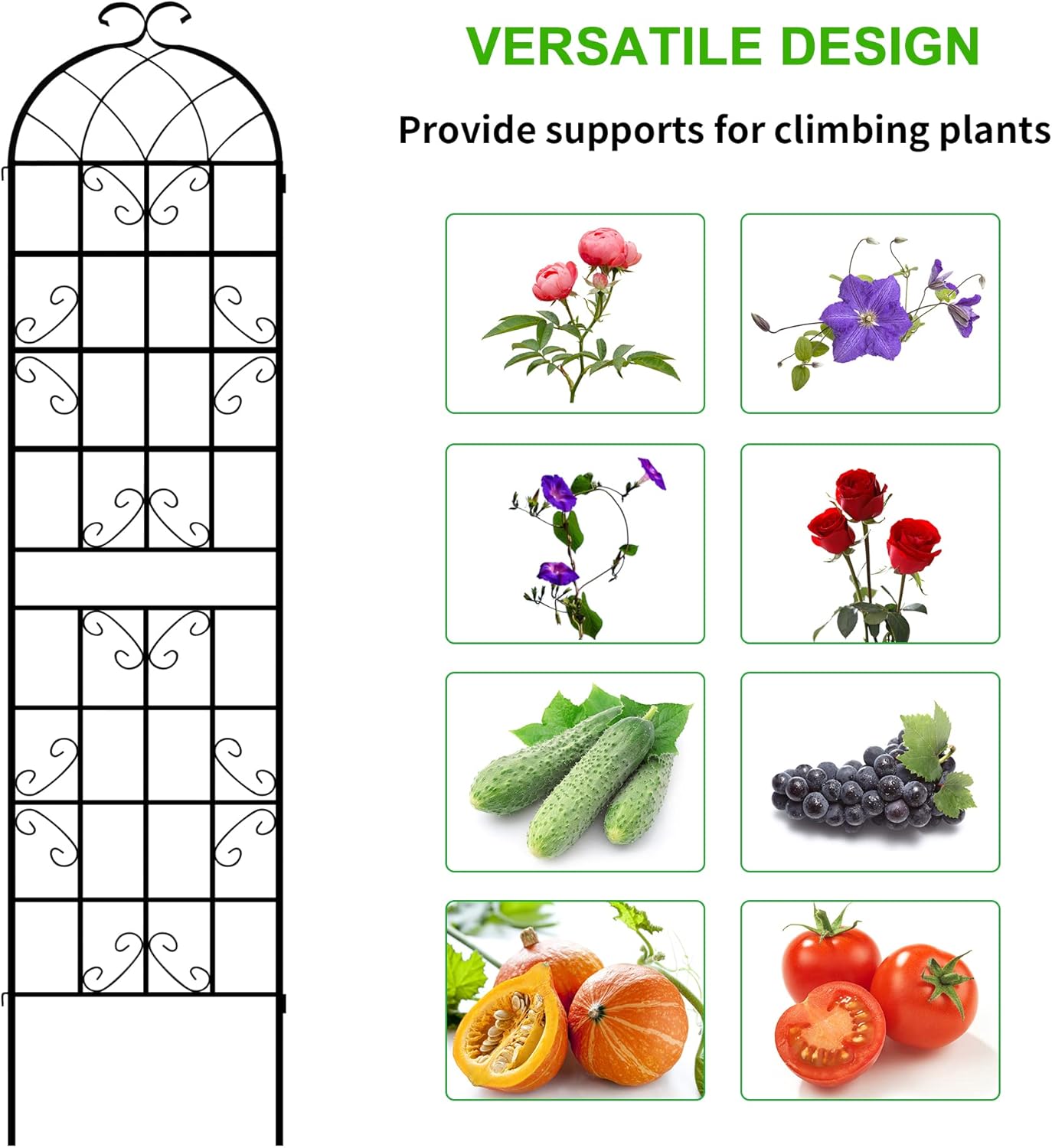 LZRS 4 Pack 87x20in Rustic Iron Arch Decoration Garden Trellis with Black Metal Coating – Perfect for Supporting Climbing Plants Outdoor, Roses, Vines, Flowers, and Vegetables.