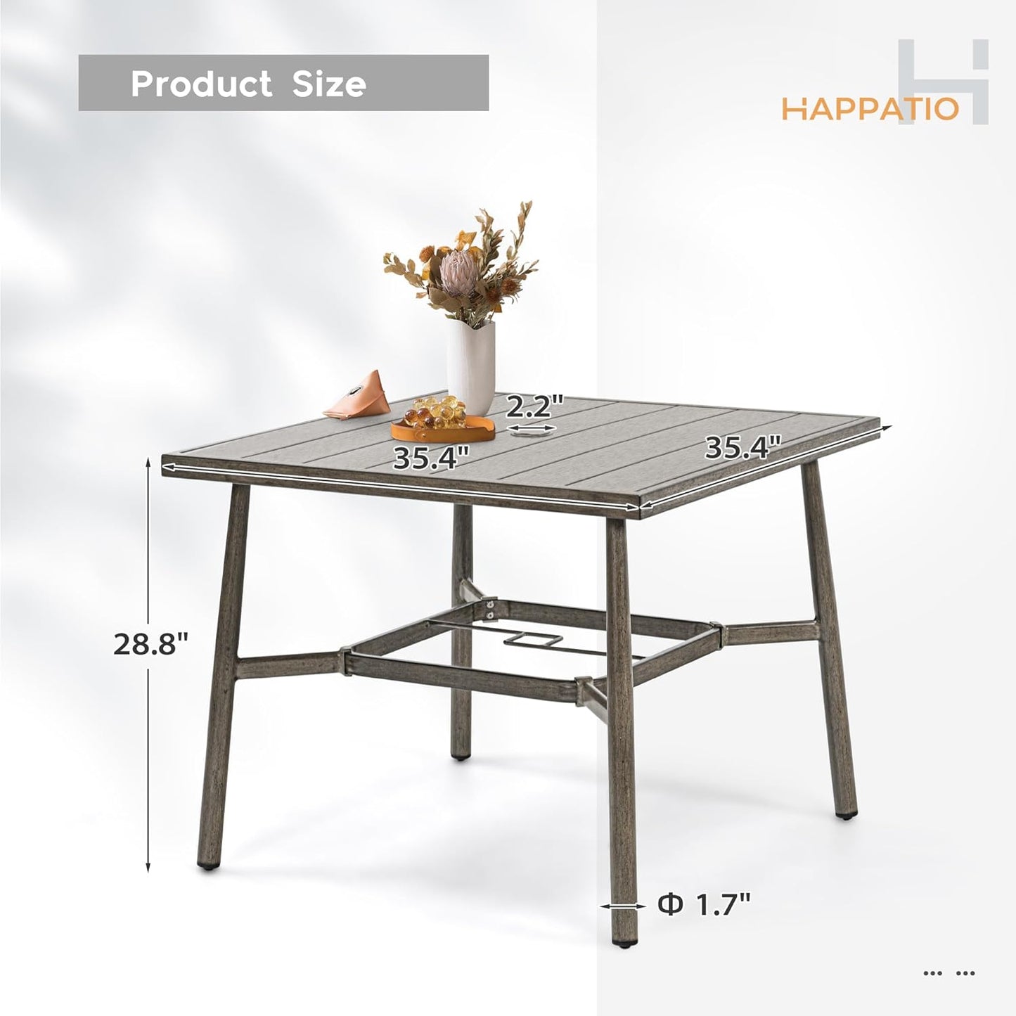 HAPPATIO Patio Table for 4, Modern Square Outdoor Dining Table with Umbrella Hole and Adjustable Feet, All Weather Aluminum Patio Table for Garden, Backyard and Poolside, Grey
