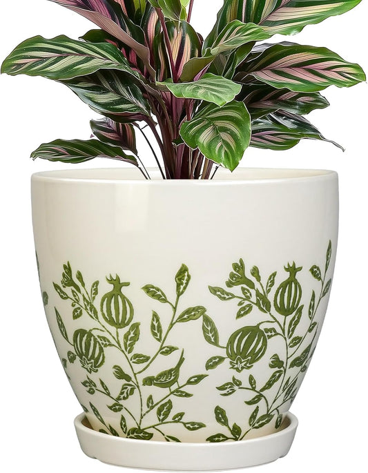 Ceramic Pot for Plants 6.8 Inch - Ceramic Plant Pot Indoor with Drainage Hole and Saucer, Round Boho Planter for Indoor Outdoor Plants, Plant Lover Gifts, Home Office Garden Decor, White