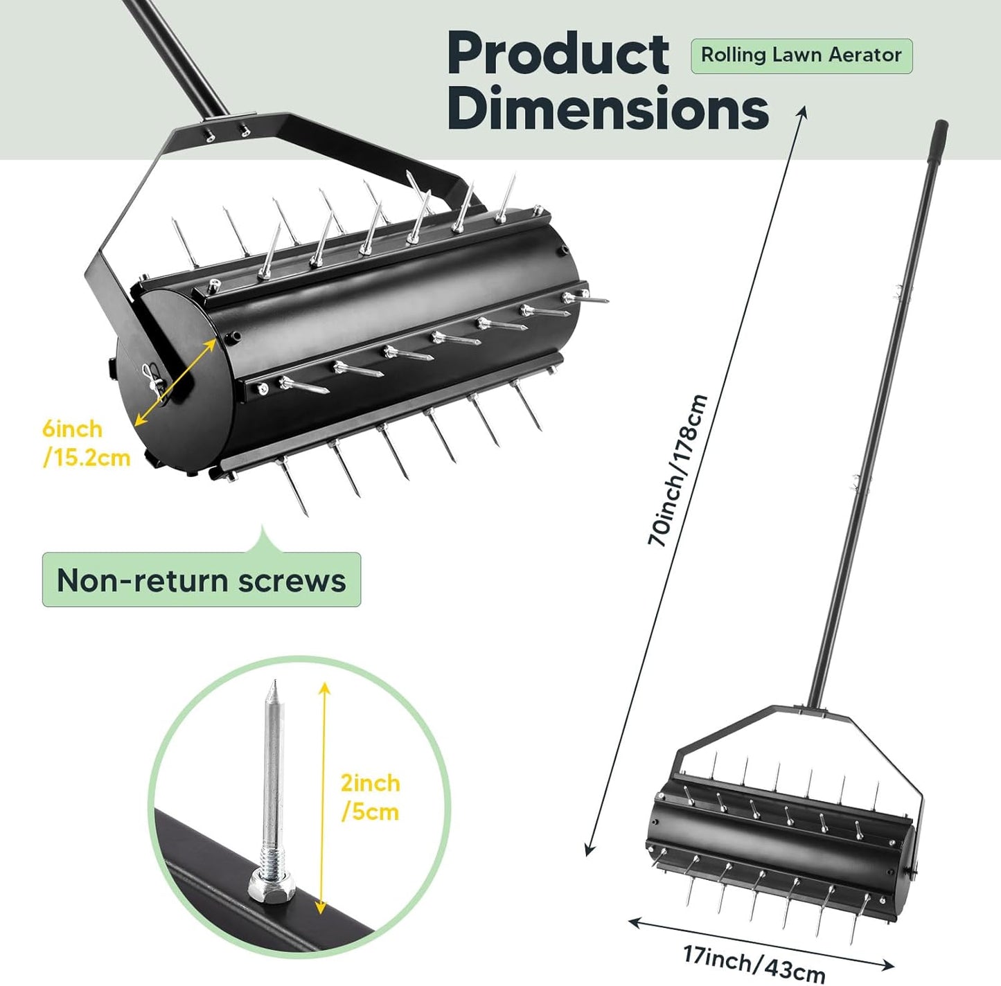 Uranshin Rolling Lawn Aerator Tool, Heavy Duty Manual Push Aerator Lawn Tool with 39 Pre-Attached Spikes and 70" Adjustable Handle, Lawn Spike Aerator Roller Suitable for Lawn, Garden and Yard