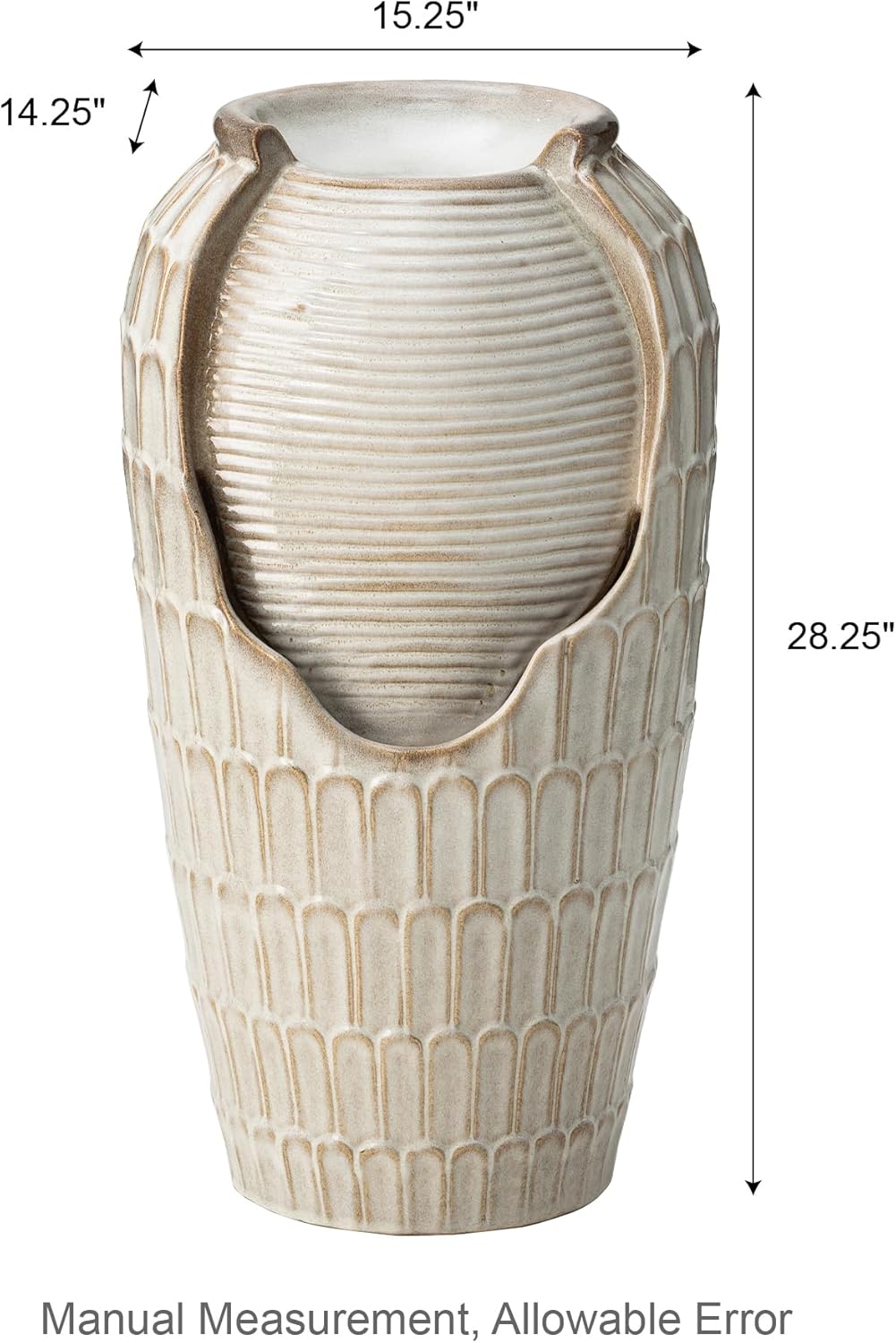 Glitzhome 28.25" H Oversized Ceramic Petals Textured Jar Outdoor Water Fountain, Vintage Sand Beige Glaze Vase Patio Garden Waterfall Fountain with LED Light and Submersible Pump