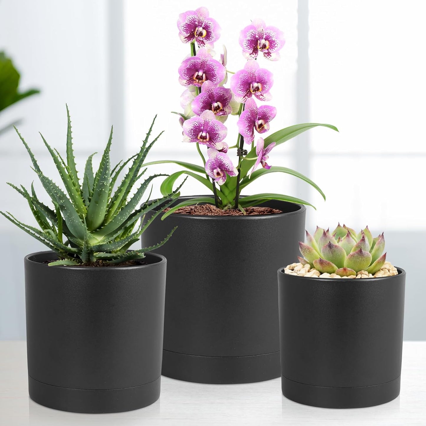 7/6.5/6/5/4 inch Plant Pots for Small Indoor Outdoor Plants, 5 Pack Cylinder Flower Pots with Drainage Holes and Saucers, Plastic Planters for Garden Succulent House Plants, Black