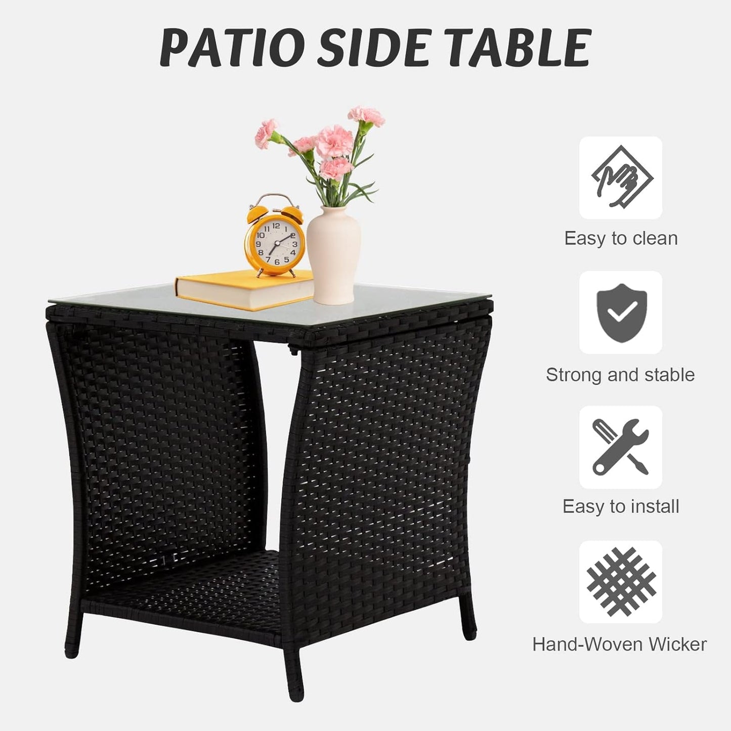 Outdoor Small Patio Table - PE Rattan Coffee Table, Wicker Side Table for Patio, Balcony & Porch, Durable & Iron Frame (2, Dark Black)
