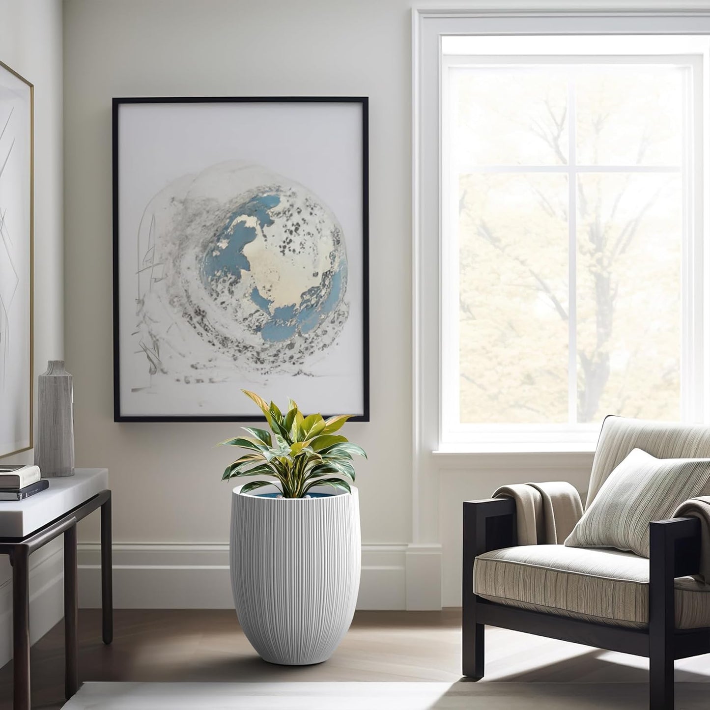 Kante Round Fluted Concrete Planter, 16.9-Inch Dia Barrel-Style Pot with Drainage Hole, White Finish with Aqua Blue Interior, 13.7" Opening, for Indoor and Outdoor Use