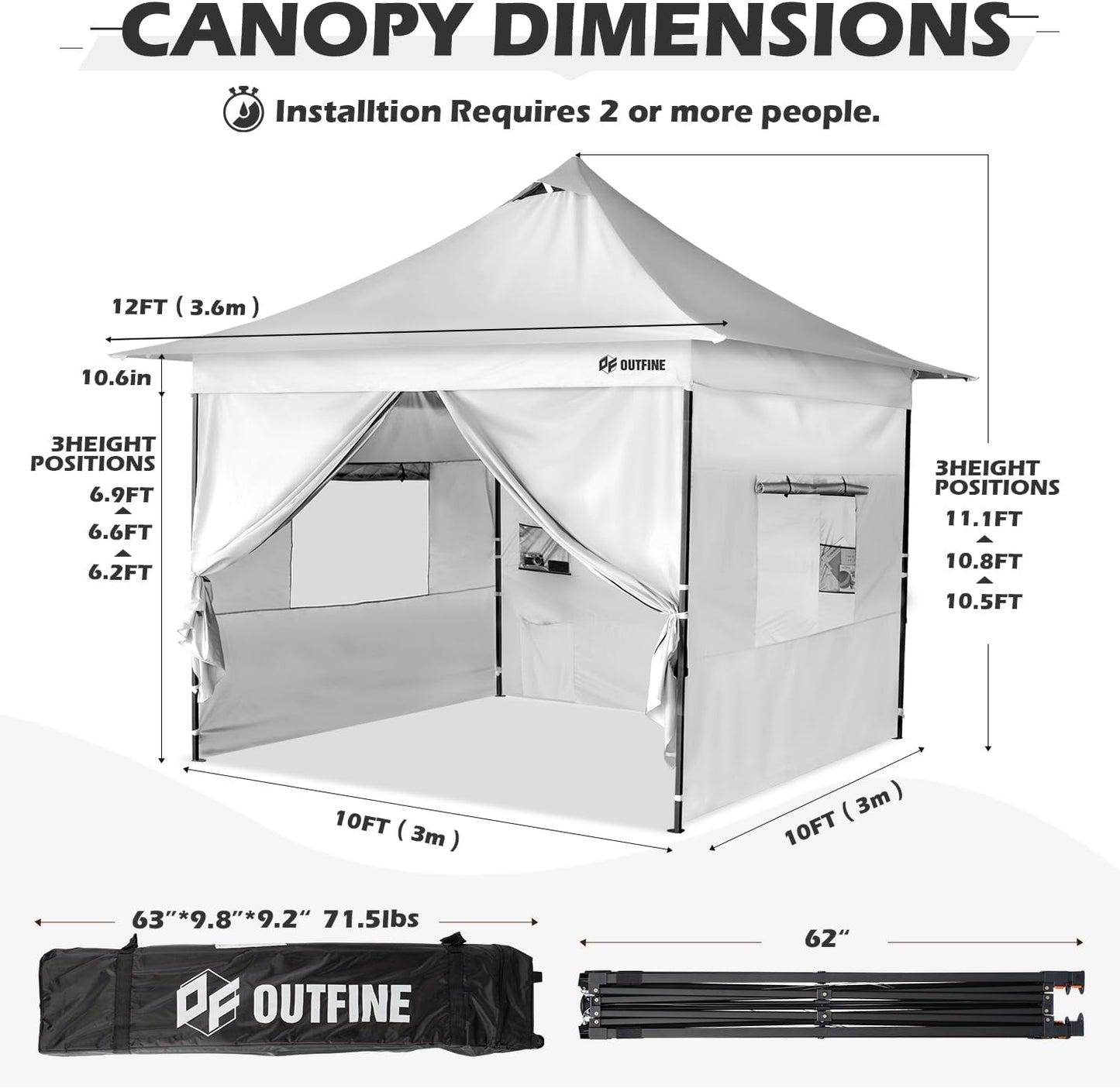 OUTFINE 12×12 Pop Up Canopy-Heavy Duty Canopy Tent with Sturdy Metal Frame(10×10 Base) Reinforced with Steel Cables, Roller Bag, Sidewall×4 for Exhibition, Party&Backyard (White, 12 * 12FT Pro)