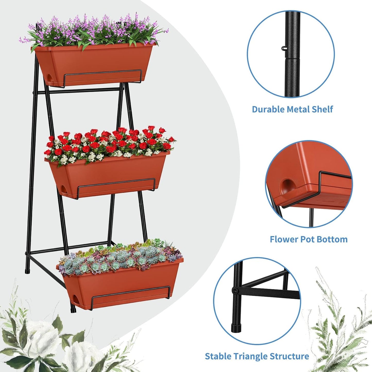 Vertical Raised Garden Bed Outdoor 3 Tiered Garden Planters Standing Elevated Planter Box with Drainage Holes for Plants Herbs Flowers Vegetables Brick Red