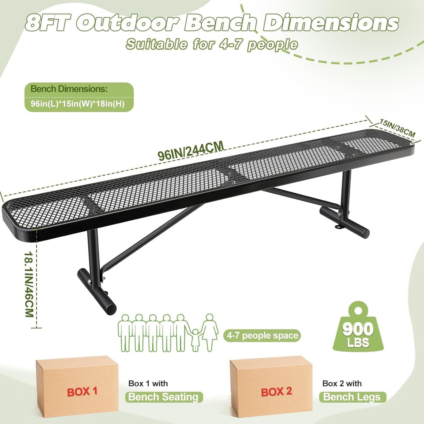 Thermoplastic Coated Iron Park Bench for Outside, Heavy Duty Metal Garden Bench, Expanded Commercial Grade Seating for Shopping Malls, Lawn Yard Porch Entryway (Black without Backrest, 96IN)