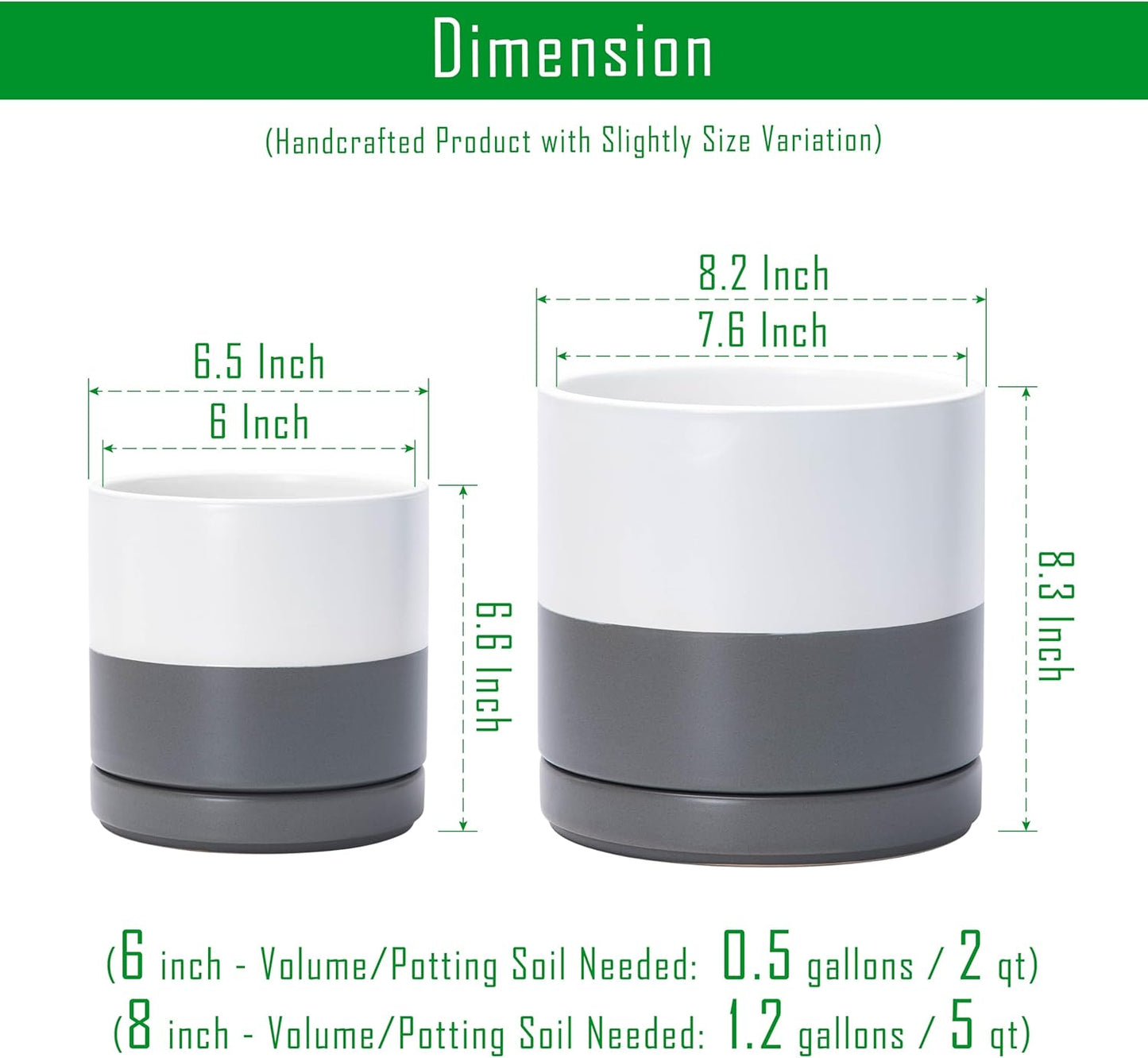 D'vine Dev 6.5 Inch & 8.2 Inch Ceramic Planter Pots for Plants with Drainage Hole and Saucer, Medium Plant Pots Set, White/Speckled Grey, 94-G-M-6