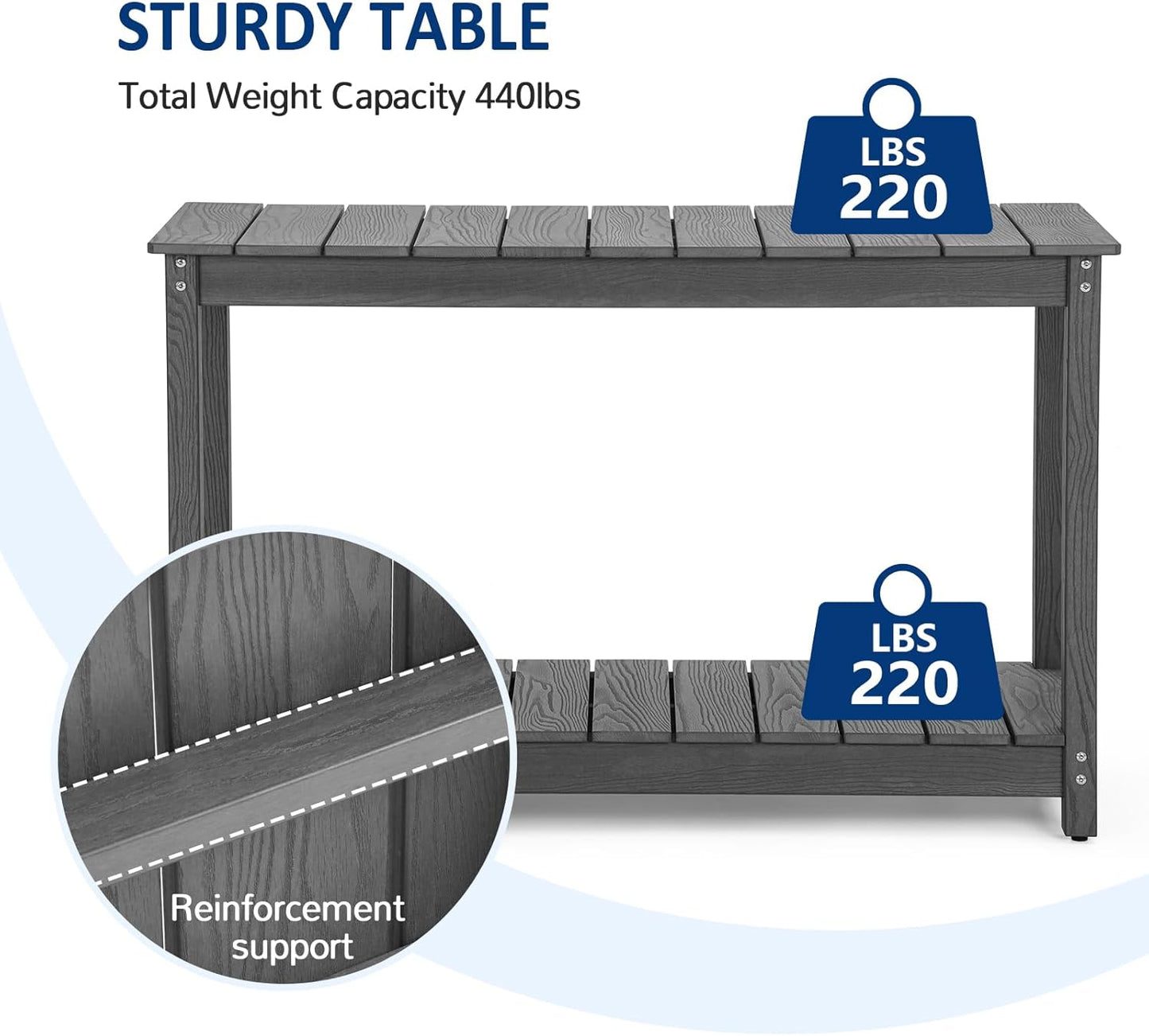 Outdoor Console Table, 48" Weather Resistant HIPS Patio Side Table, 440LBS Weight Capacity, 2-Tier Multifunctional Buffet Bar Storage Organizer for Garden Deck, Gray
