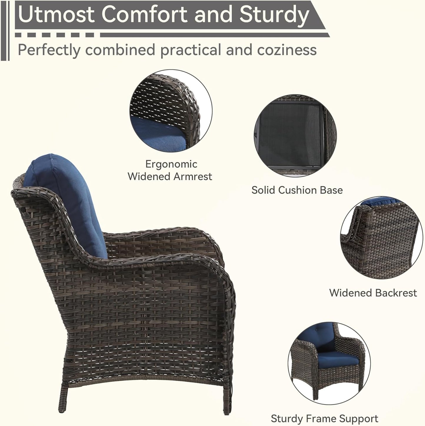 Patio Wicker Chairs Set of 2, Patio Rattan Dining Chairs with 3.5-inch Seat Cushions, High Back and Curved Armrest for Garden, Backyard, Balcony and Deck, Blue