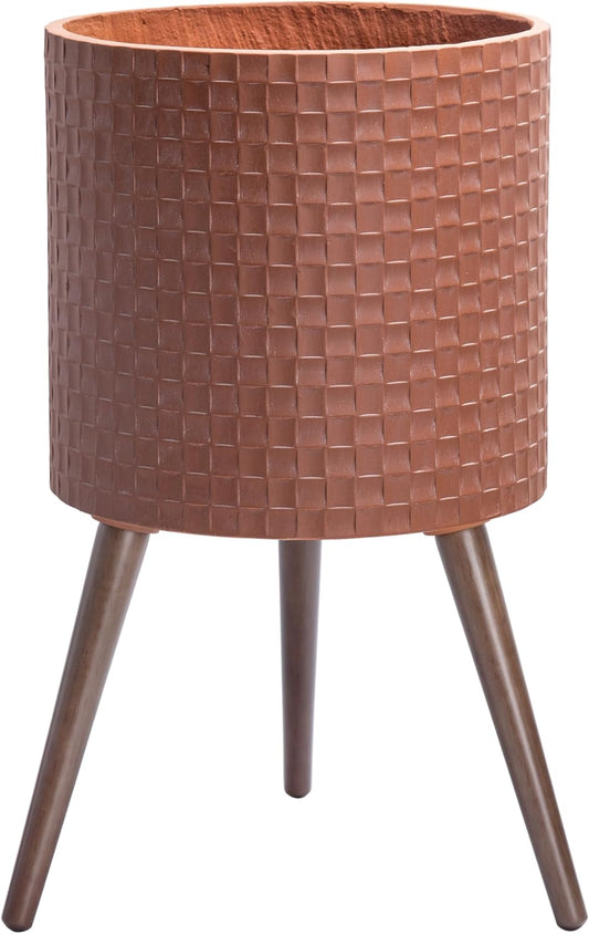 D'vine Dev 14 Inch Modern Geometric Tile Patterned Sleek Planter Pot with Stand, Indoor Outdoor Decorative Plant Holder, Terra Cotta, 88-Z-D-3