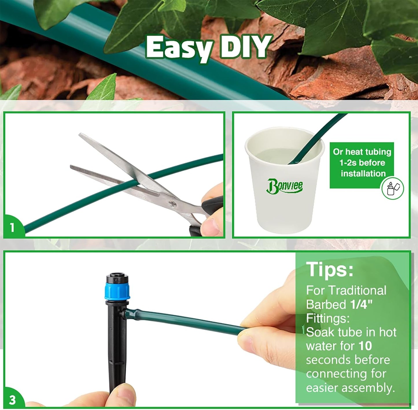 Bonviee 400ft 1/4 inch Drip Irrigation Tubing, Drip Irrigation Hose, Garden Watering Tube Line for Garden Watering System-Green