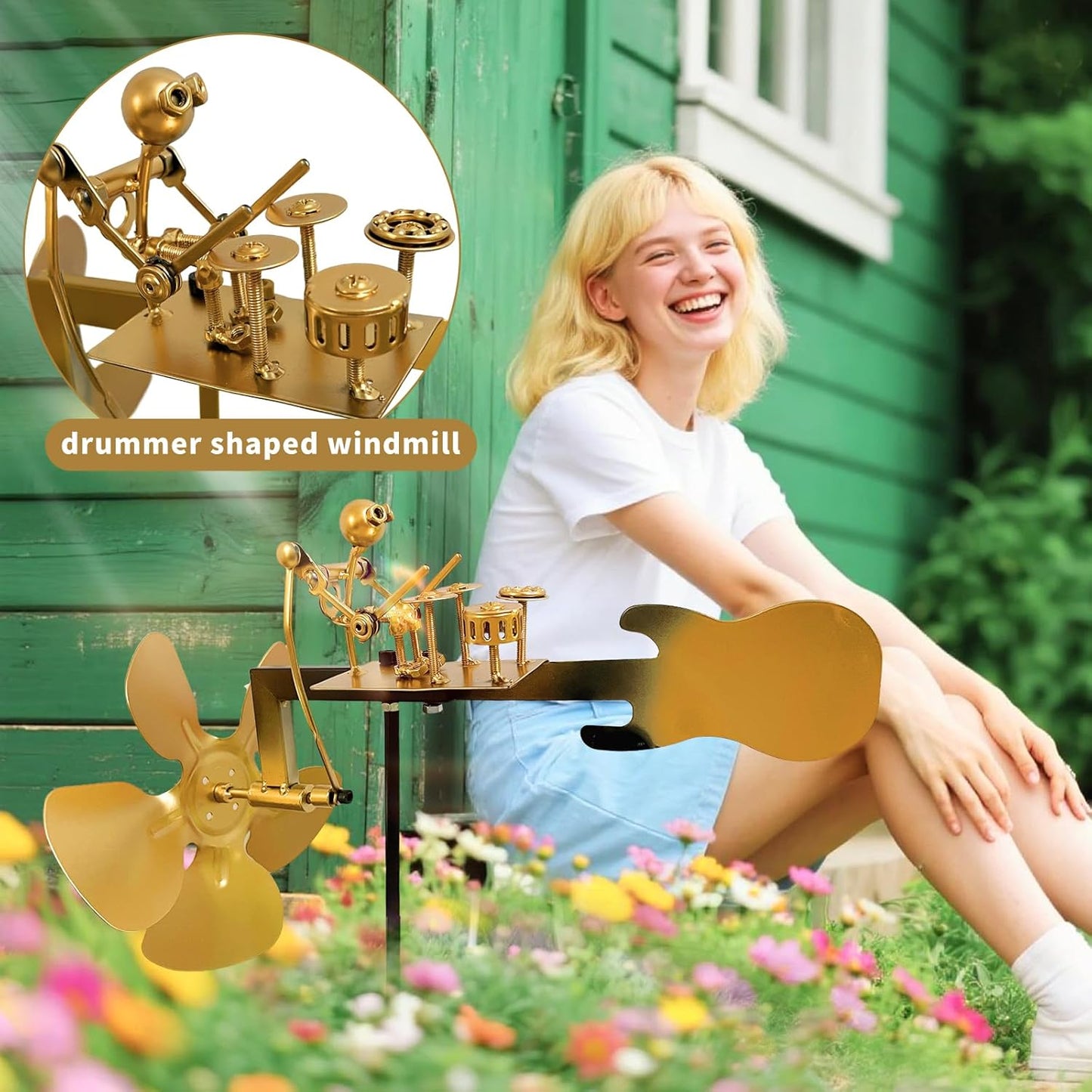 Handmade Metal Drummer Windmill, Rock Art Sculptures, Wind-Powered Kinetic Figurines, Wind Spinners for Garden Yard Lawn Patio Decor, Unique Drummer Statue Gift for Music Lovers