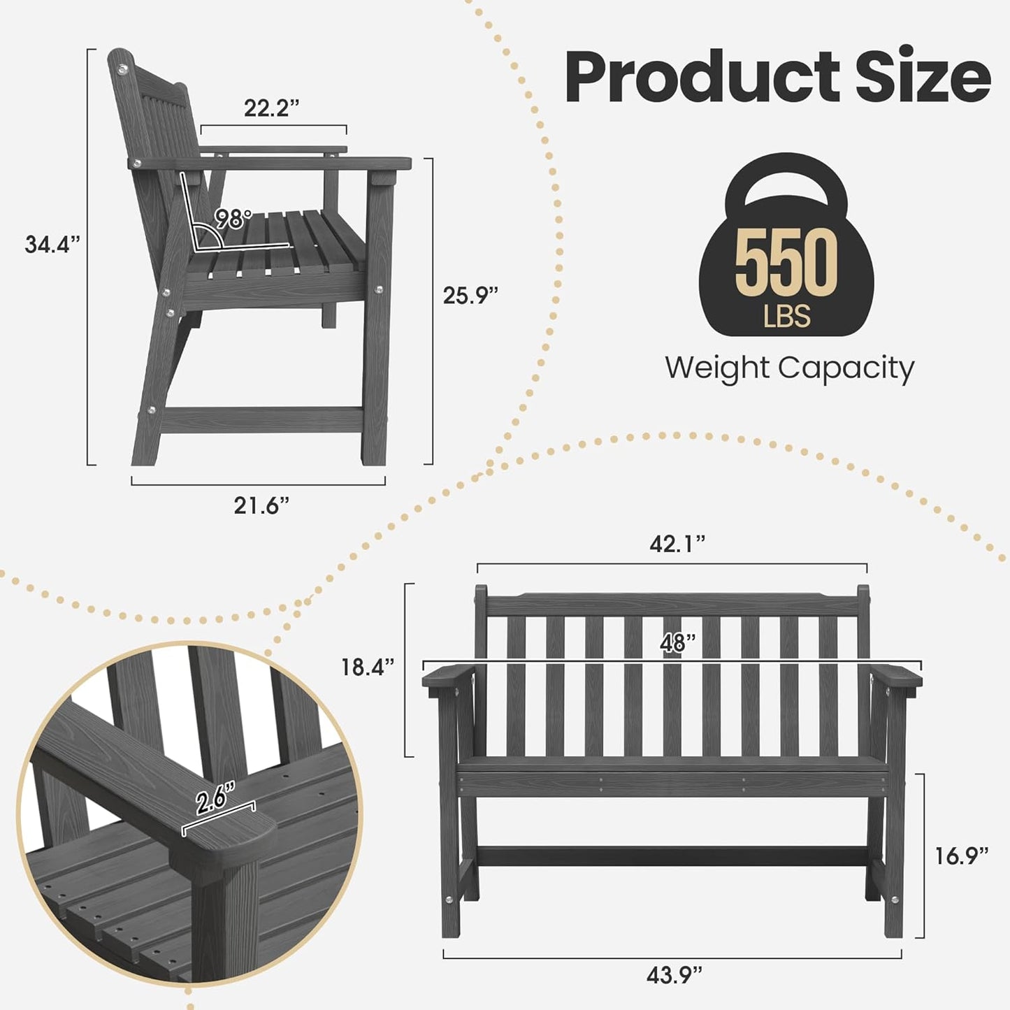 Ciokea 44" Outdoor Bench Set of 2, HDPE Weatherproof Garden Bench, 2-Person Memorial Benches with 550 Lbs, Waterproof Patio Porch Benches for Outside Balcony Deck Backyard, Dark Grey