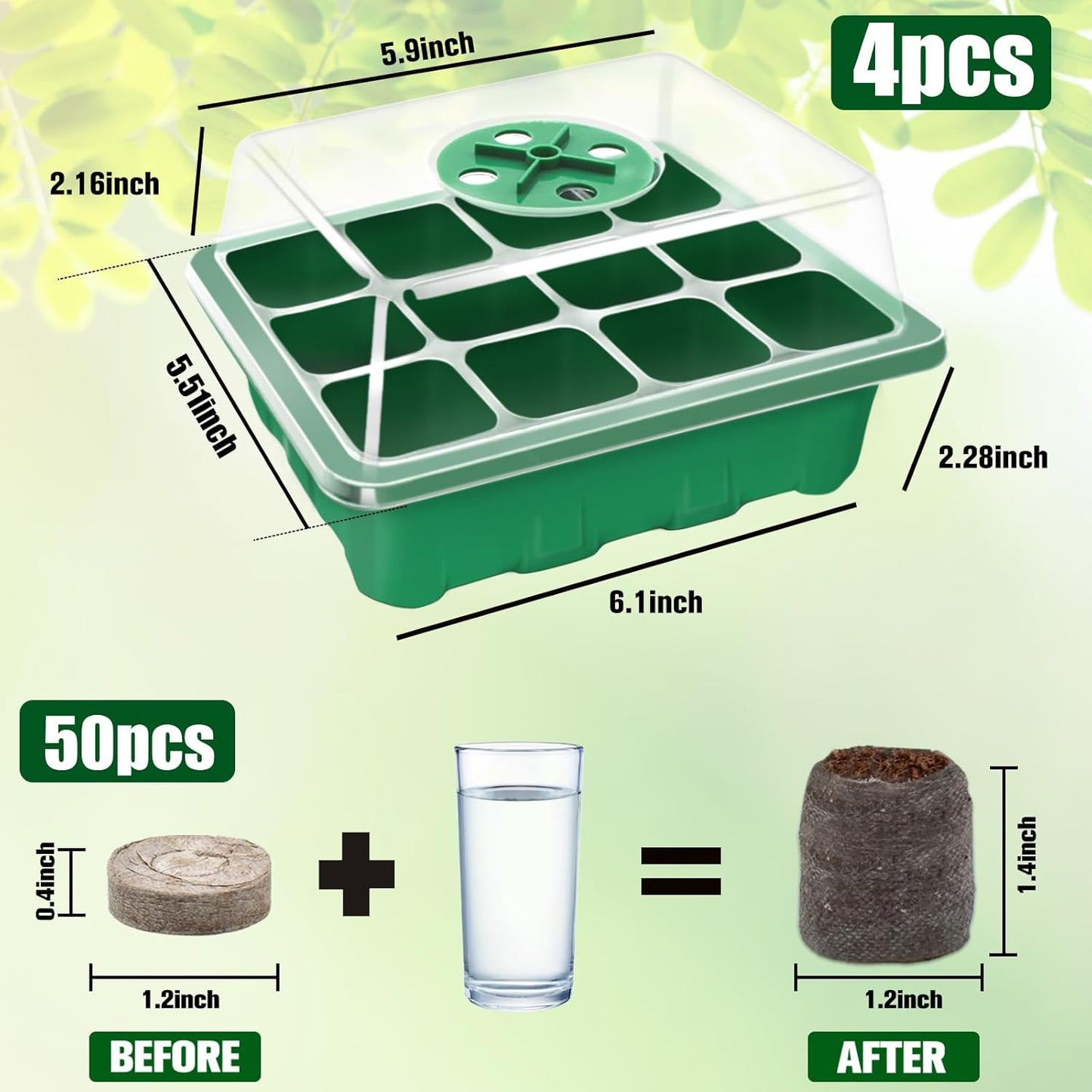 Halatool 4 Pack Seed Starter Tray with 50 PCS Peat Pellets, 48 Cells Green Seeding Starter Trays for Organic Seed Stater Soil Pods for Planting Vegetables Plants Flowers - Starting Seeds Kit