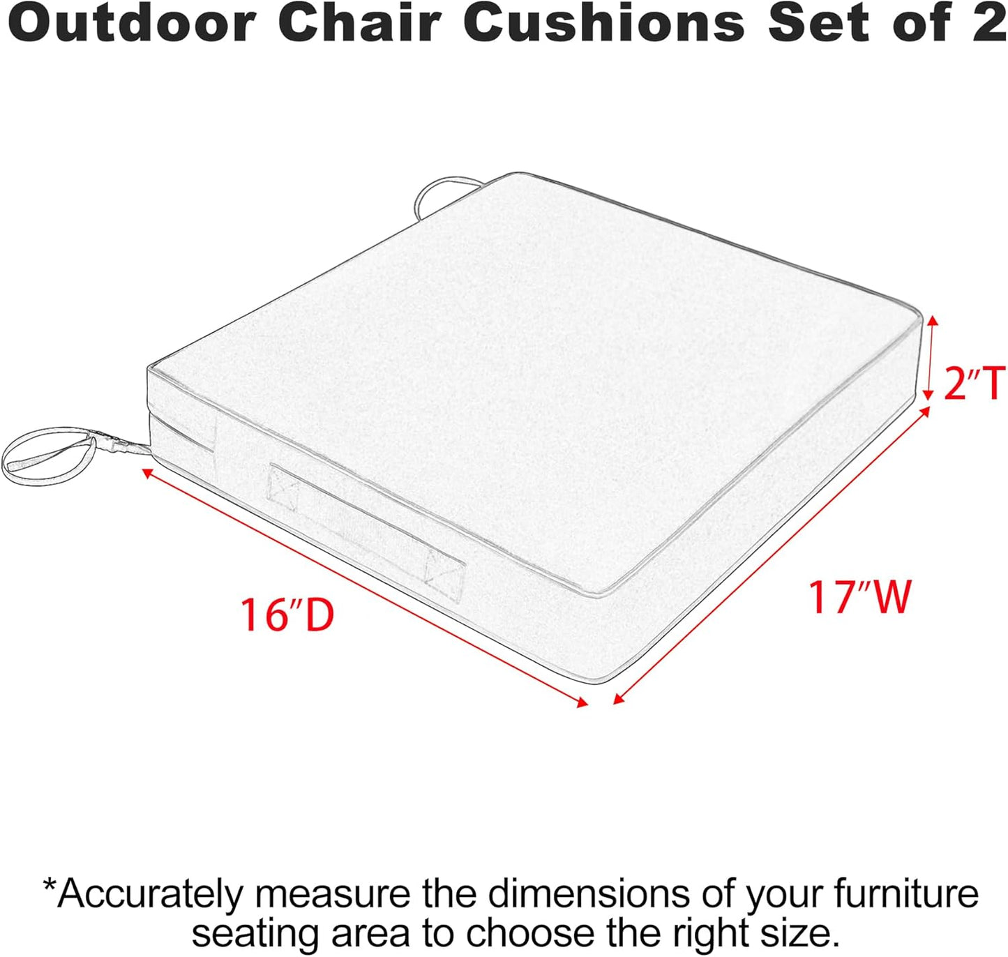 Favoyard Patio Chair Cushions 17 x 16 x 2 Inch Waterproof Outdoor Seat Cushions for Patio Furniture 3-Year Color Fastness Garden Sofa Couch Pads with Handle & Adjustable Straps Set of 2, Dark Grey