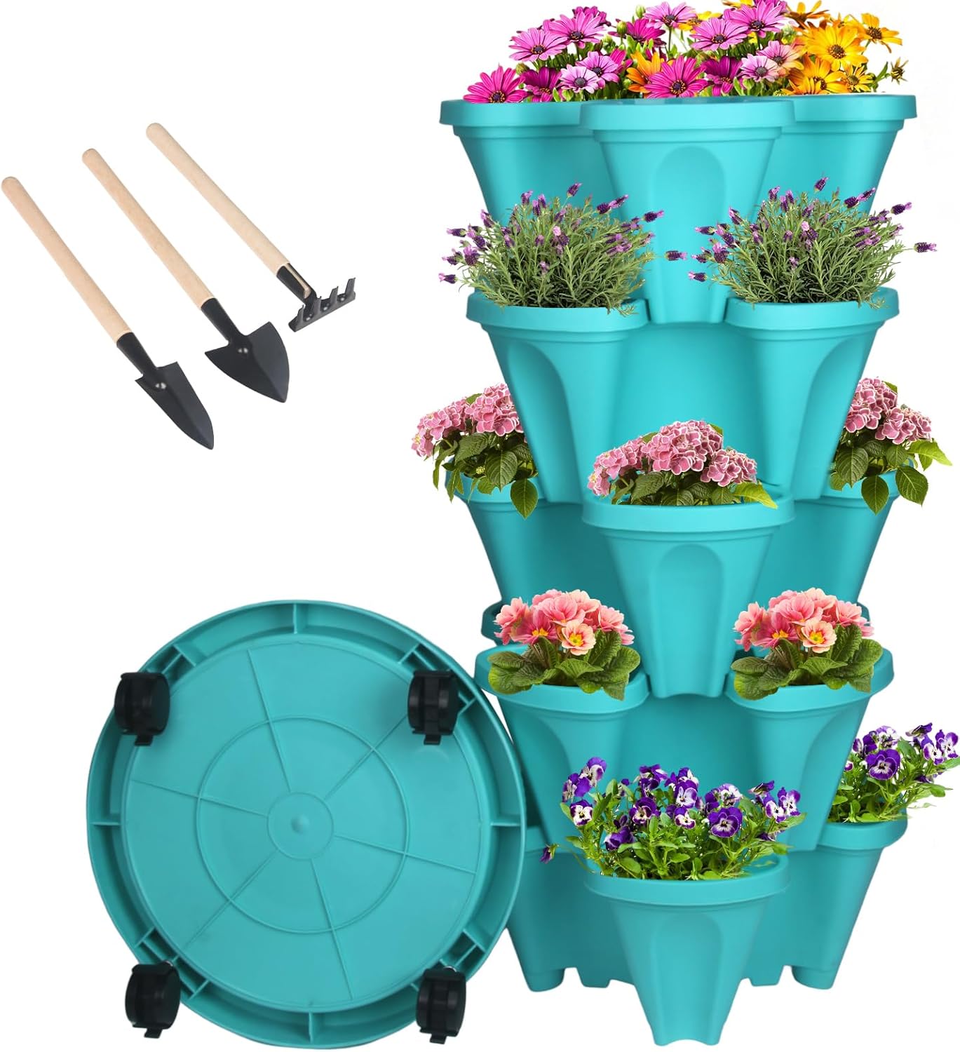 Vertical Planter 5 Tier Stackable Planters Garden Planters Strawberry Herb Flower and Vegetable Planter Indoor Outdoor Gardening Pots with Removable Wheels and Tools