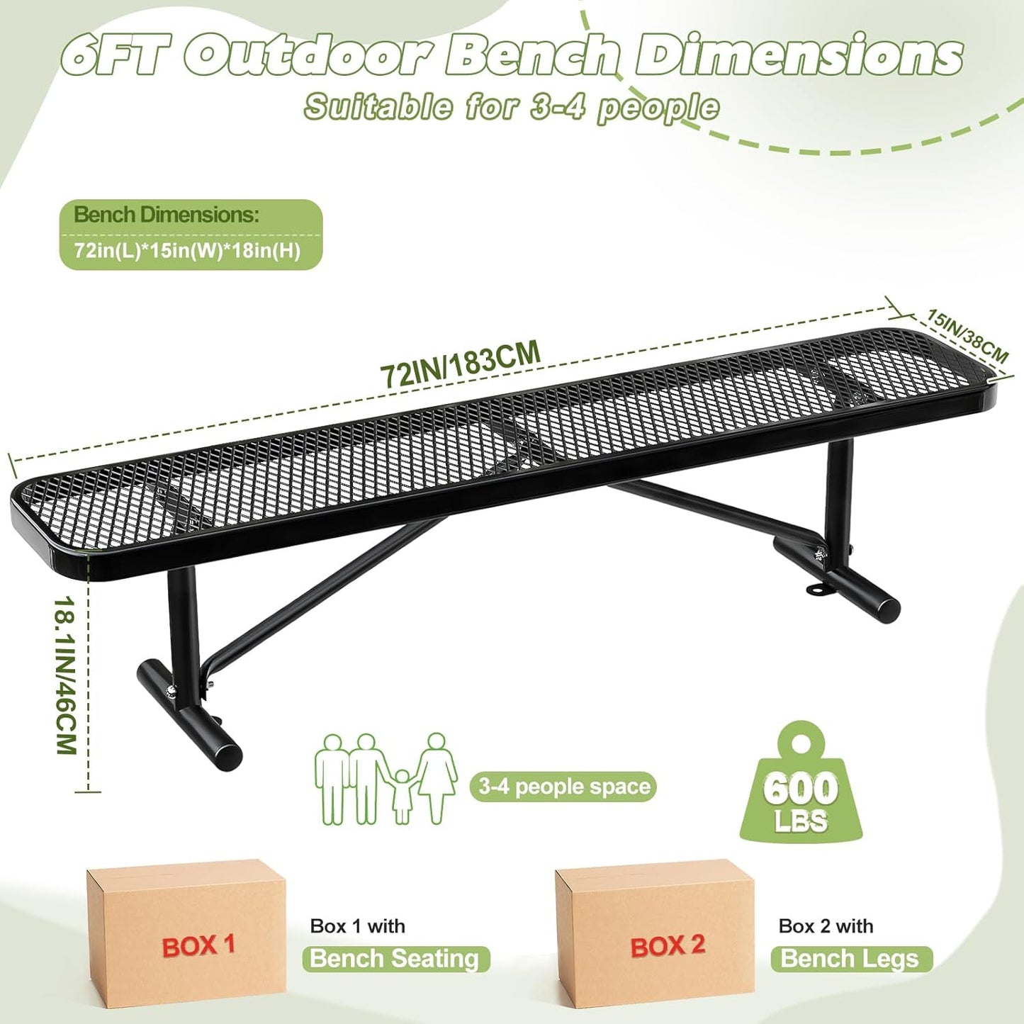 Thermoplastic Coated Iron Park Bench for Outside, Heavy Duty Metal Garden Bench, Expanded Commercial Grade Seating for Shopping Malls, Lawn Yard Porch Entryway (Black without Backrest, 72IN)