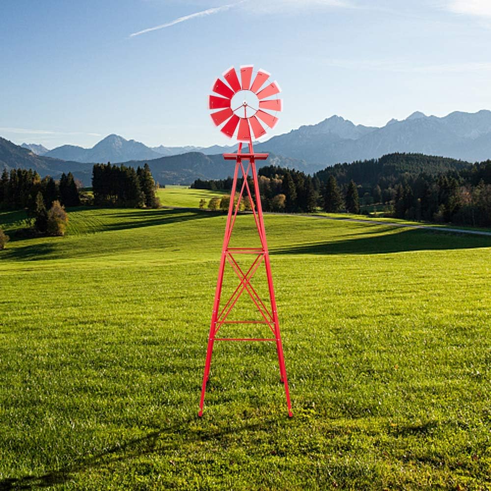 VINGLI 8FT Metal Windmill Ornamental Spinner Backyard Garden Decoration Weather Vane, Heavy Duty Wind Mill w/ 4 Legs Design, Red