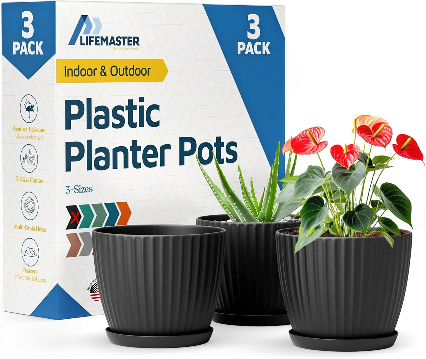 Black 6-Inch Plant Pots with Drainage & Saucers 3 Pack, Indoor & Outdoor Planters for Houseplants, Herbs, and Flowers, Durable & Weatherproof Material, Stackable, Lightweight, Minimalist Design