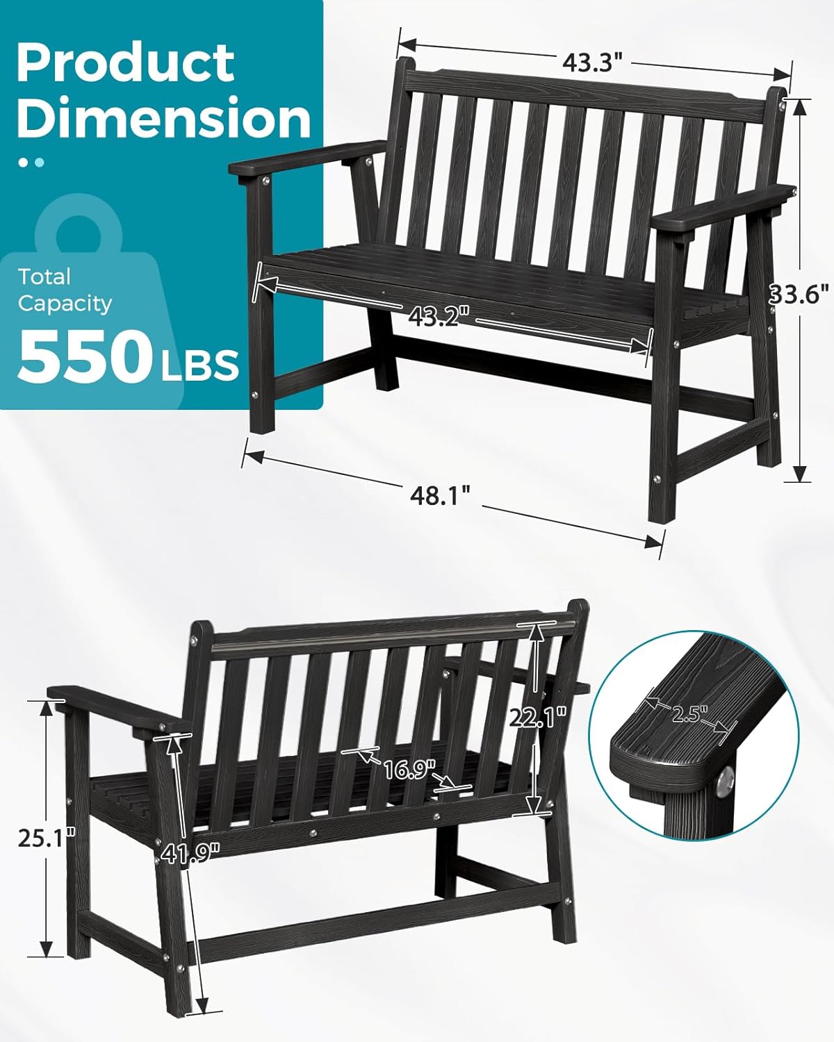 Outdoor Bench, 2-Person HDPE Garden Bench, All Weather Poly Patio Bench for Outdoors, Garden, Backyard, Porch and Park, 550 lbs Weight Capacity, Black, 2 Pack