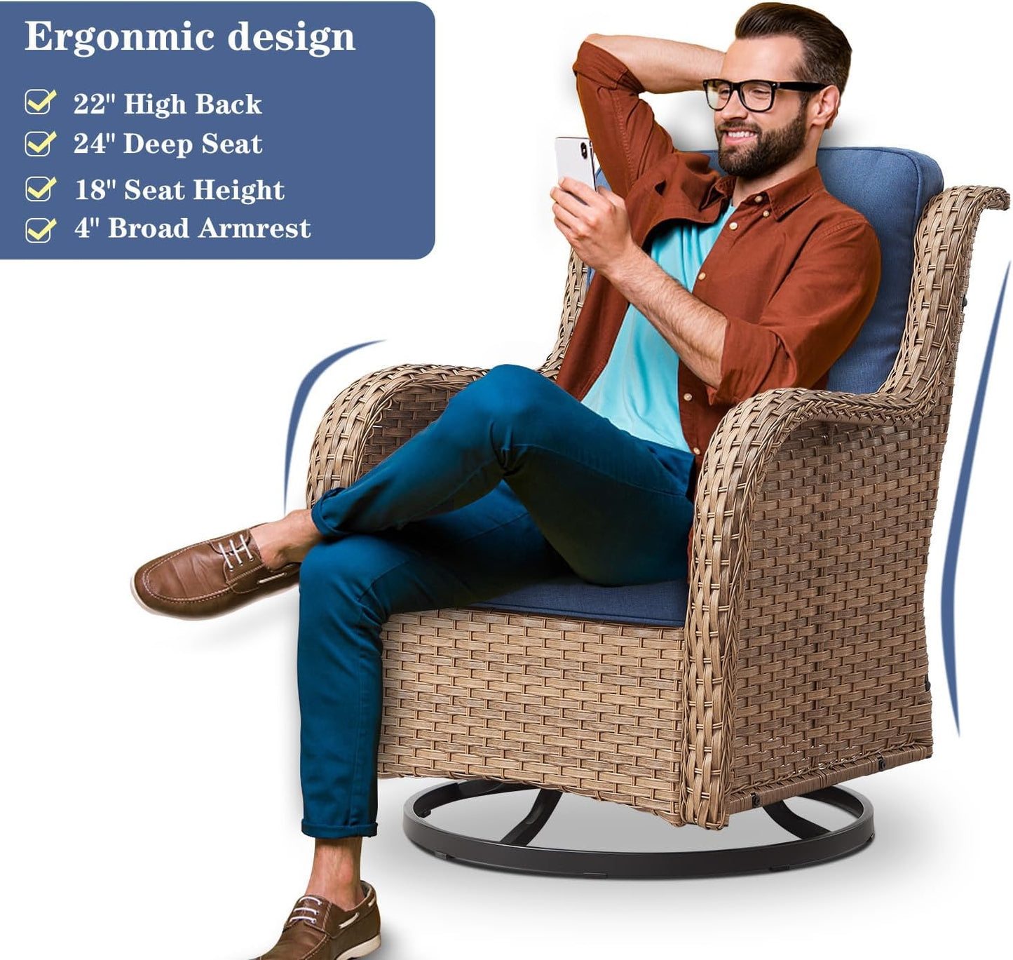 Wicker Outdoor Furniture Patio Furniture Set - 6 Piece Patio Conversation Set with Swivel Rocker Chairs, Loveseat Sofa, Ottomans and Coffee Table, Blue Cushion