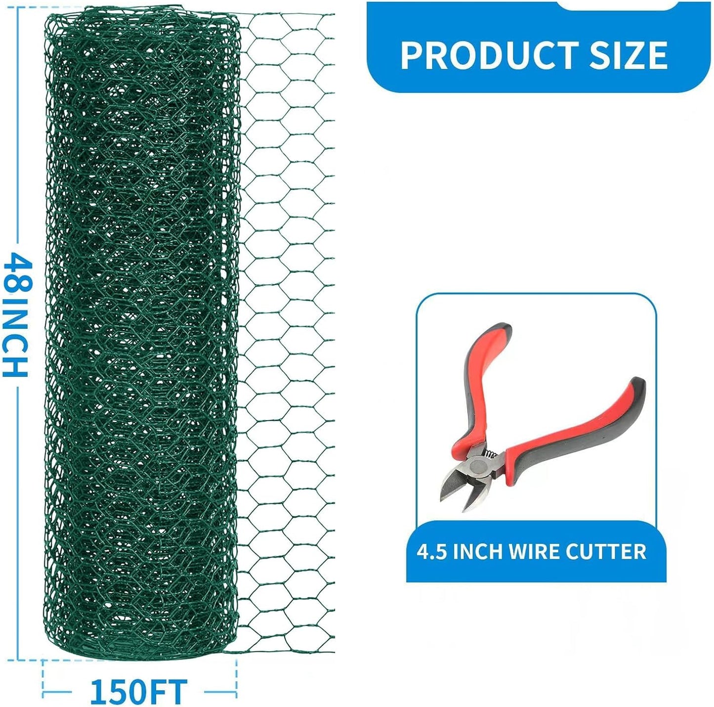 48'' x 150' Green Chicken Wire Fencing, 1 inch Chicken Wire and 20 Gauge Poultry Netting, Garden Mesh Fence Roll for Floral Arrangements/Crafts/Farm/Livestock/Pet Protection