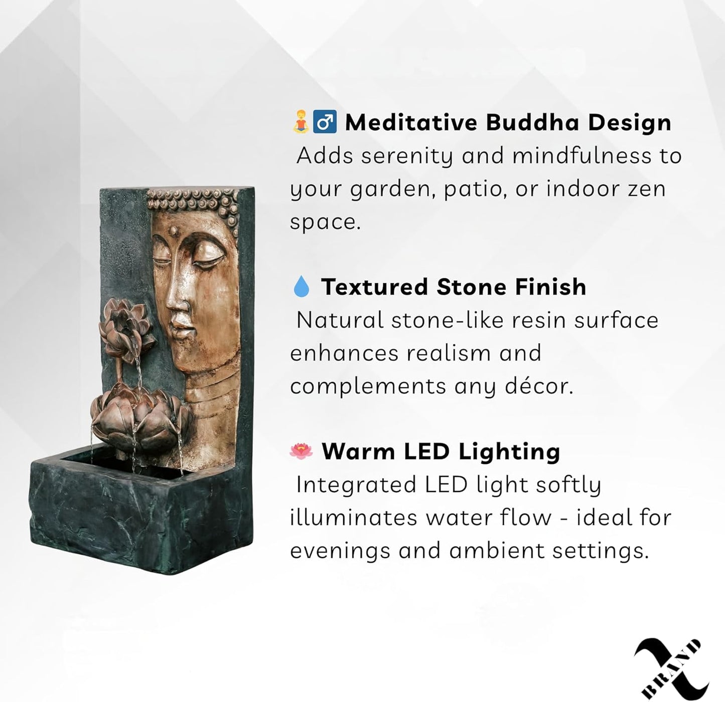 XBrand 30" Indoor/Outdoor Buddha Face Water Fountain with LED Light and Pump Zen Decor for Home, Office, Garden, and Patio