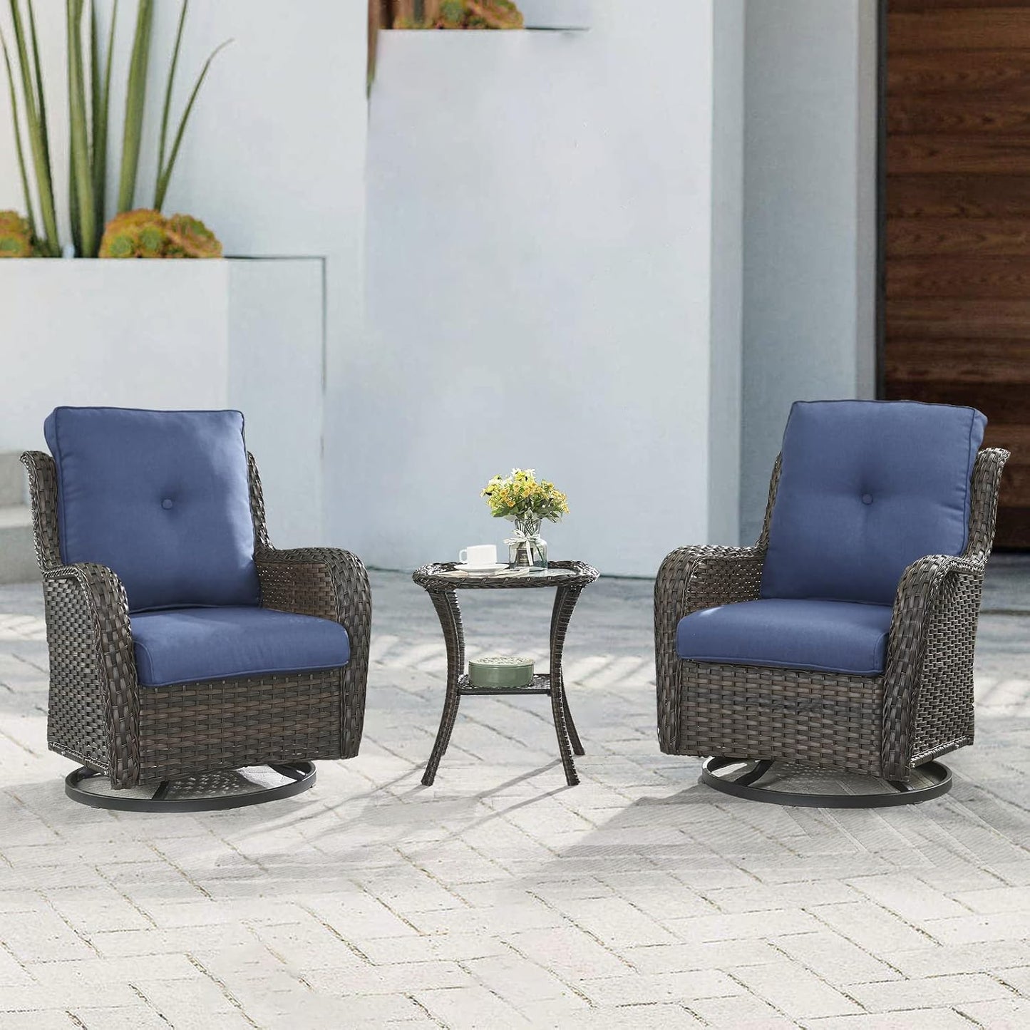 Outdoor Patio Swivel Rocker Chairs - 3 Piece Patio Bistro Set,Wicker Patio Furniture Set with 2 Swivel Rocking Chairs and 1 Glass Top Side Table for Deck Porch Garden,Brown/Blue