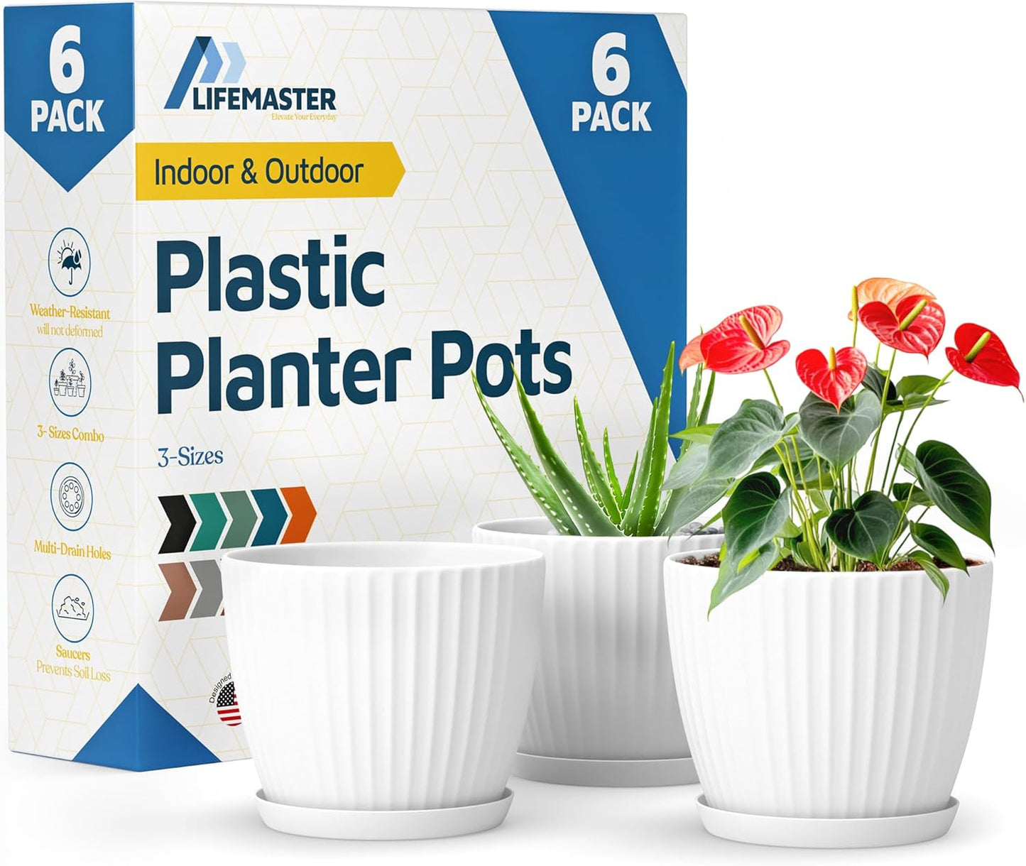 White 6-Inch Plant Pots with Drainage & Saucers 6 Pack, Indoor & Outdoor Planters for Houseplants, Herbs, and Flowers, Durable & Weatherproof Material, Stackable, Lightweight, Minimalist Design